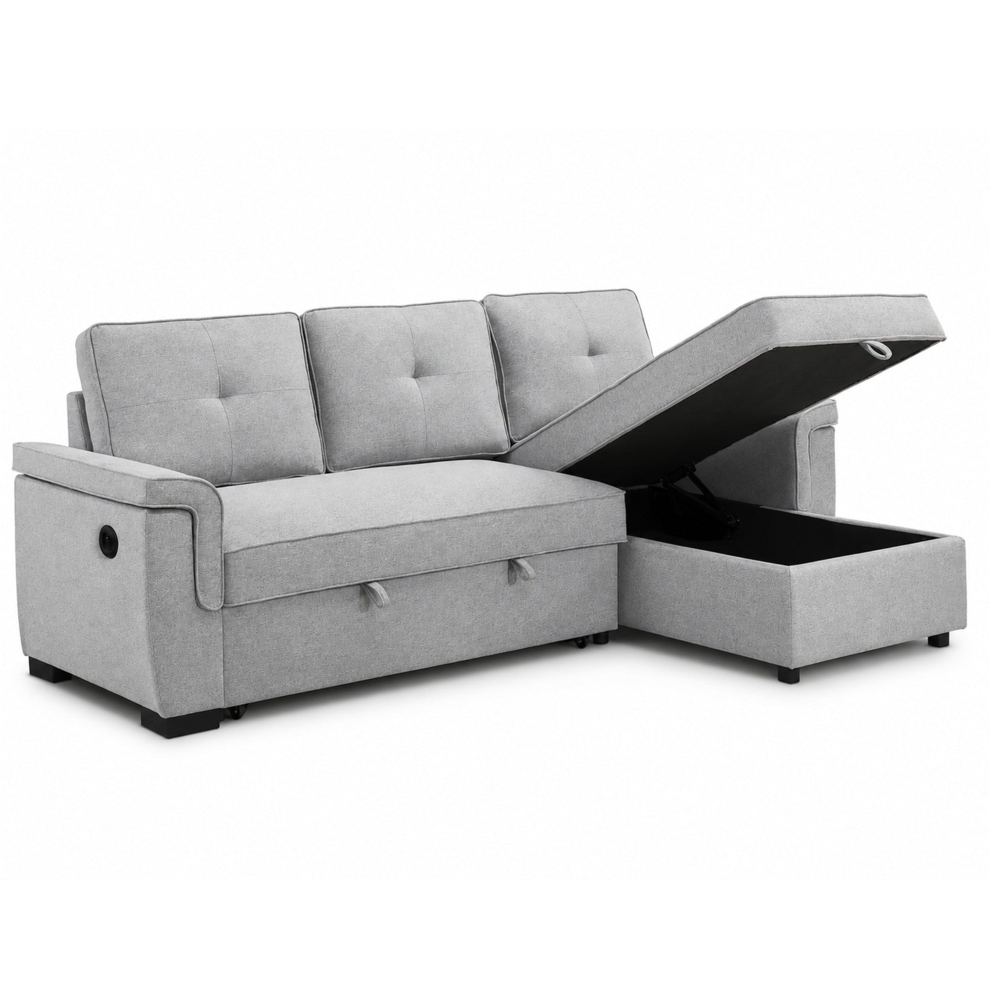 A light gray upholstered sectional sofa with a left-side ottoman/storage lift-up section open, shown on a clean white background.
