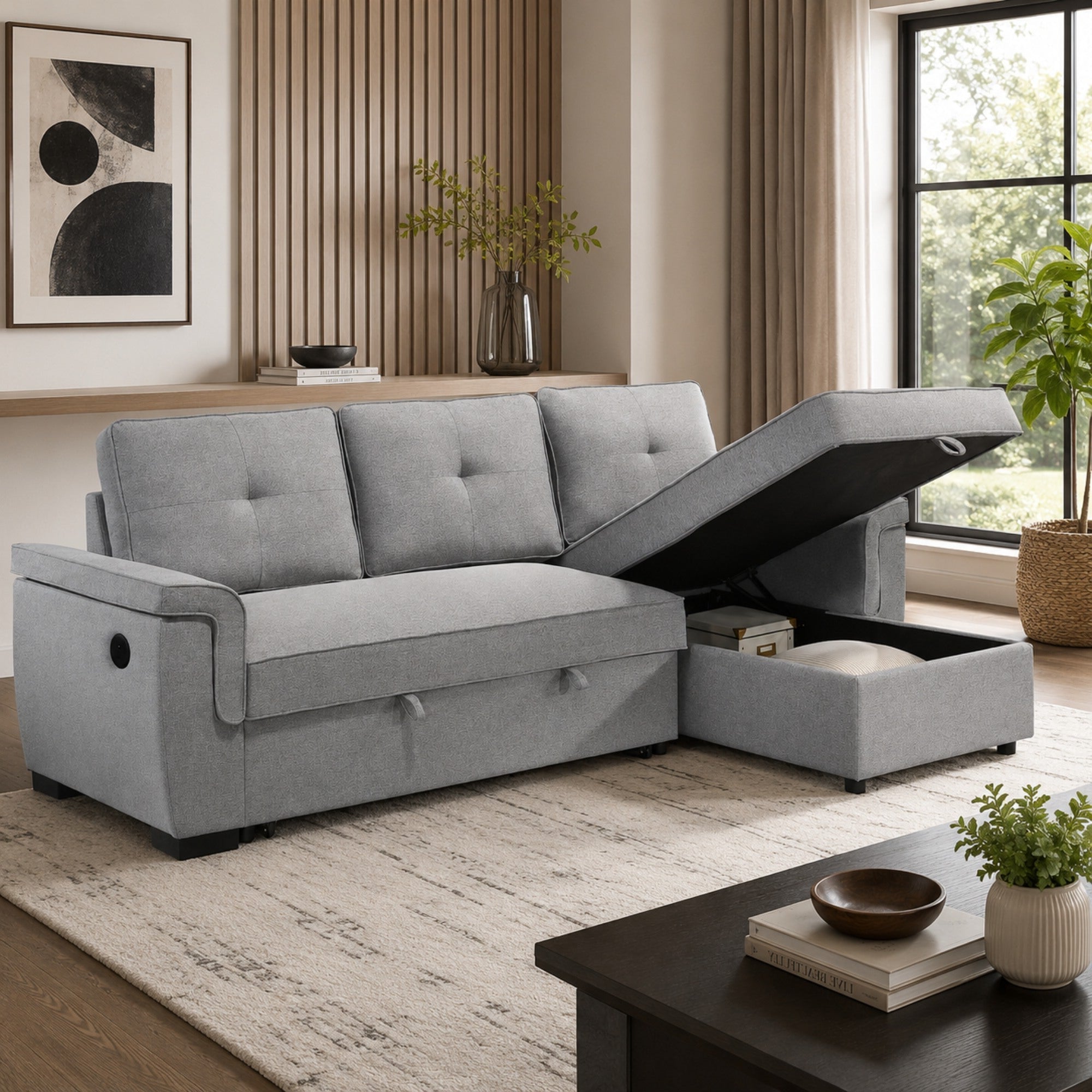 A light gray upholstered sectional sofa with a tufted back and seat, shown in a staged living room. The left side of the sofa is open, lifting to reveal a storage compartment underneath, with a matching ottoman-style footrest extending out.