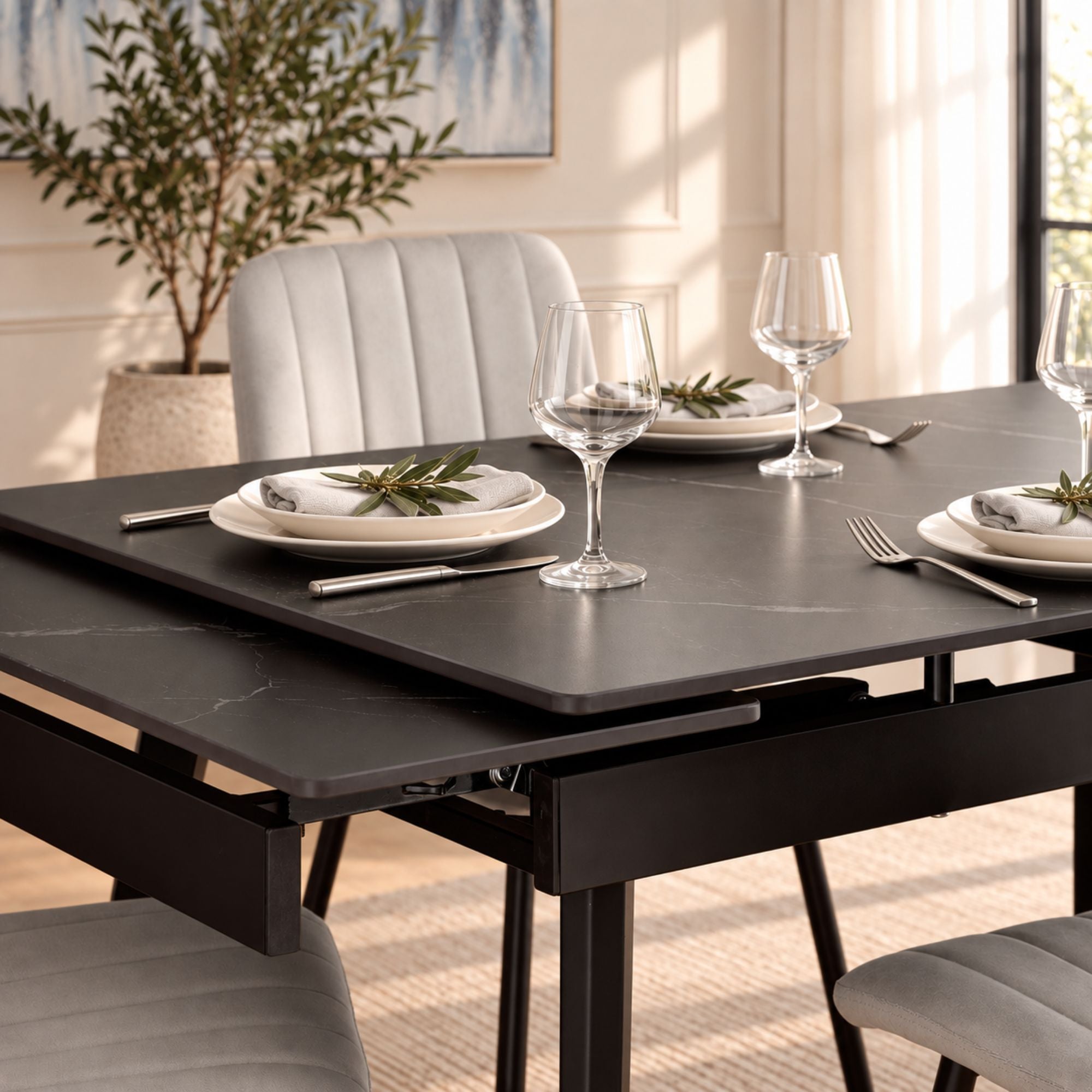 Arden Sintered stone Extendable Dining Set Marbled Black & Light Grey