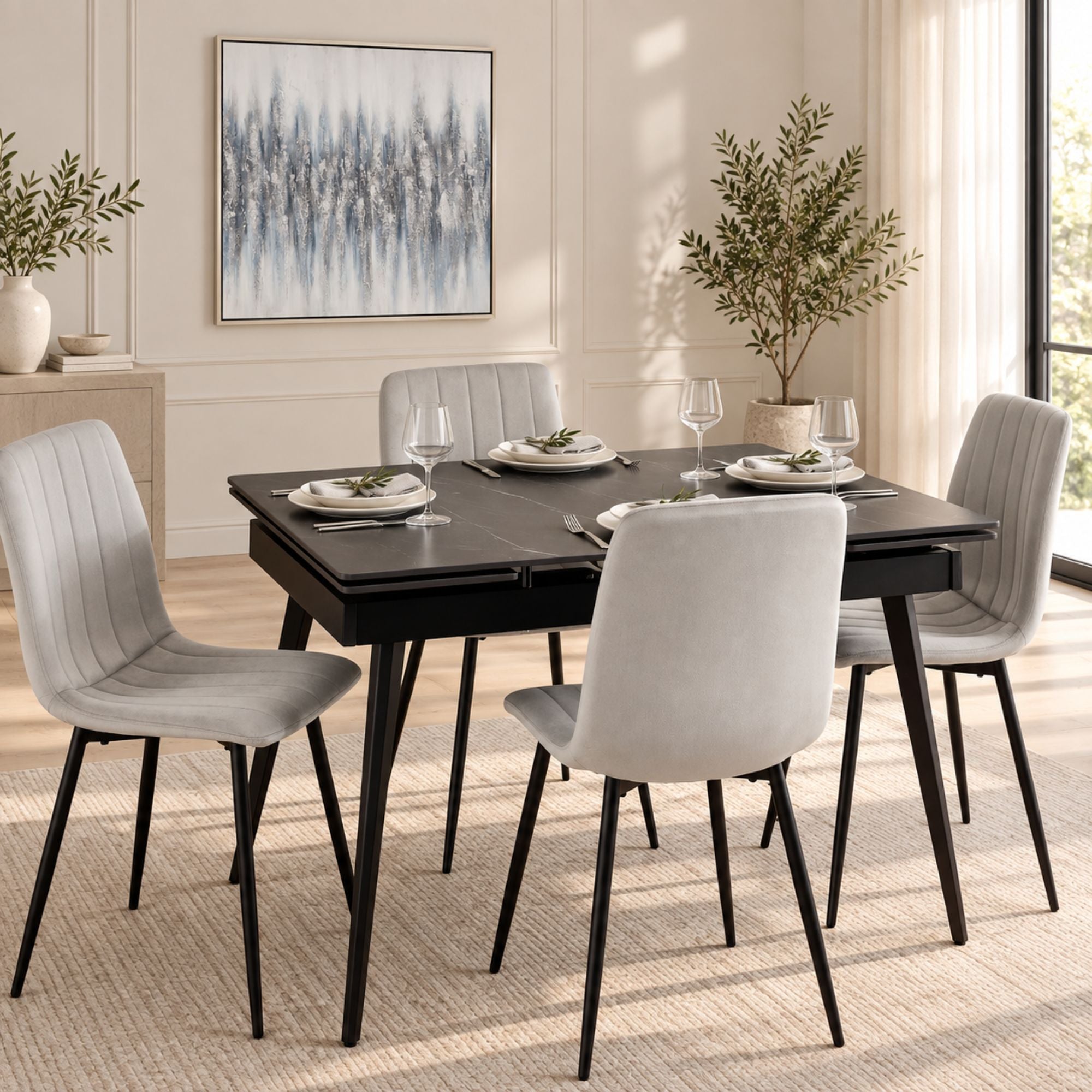 Arden Sintered stone Extendable Dining Set Marbled Black & Light Grey