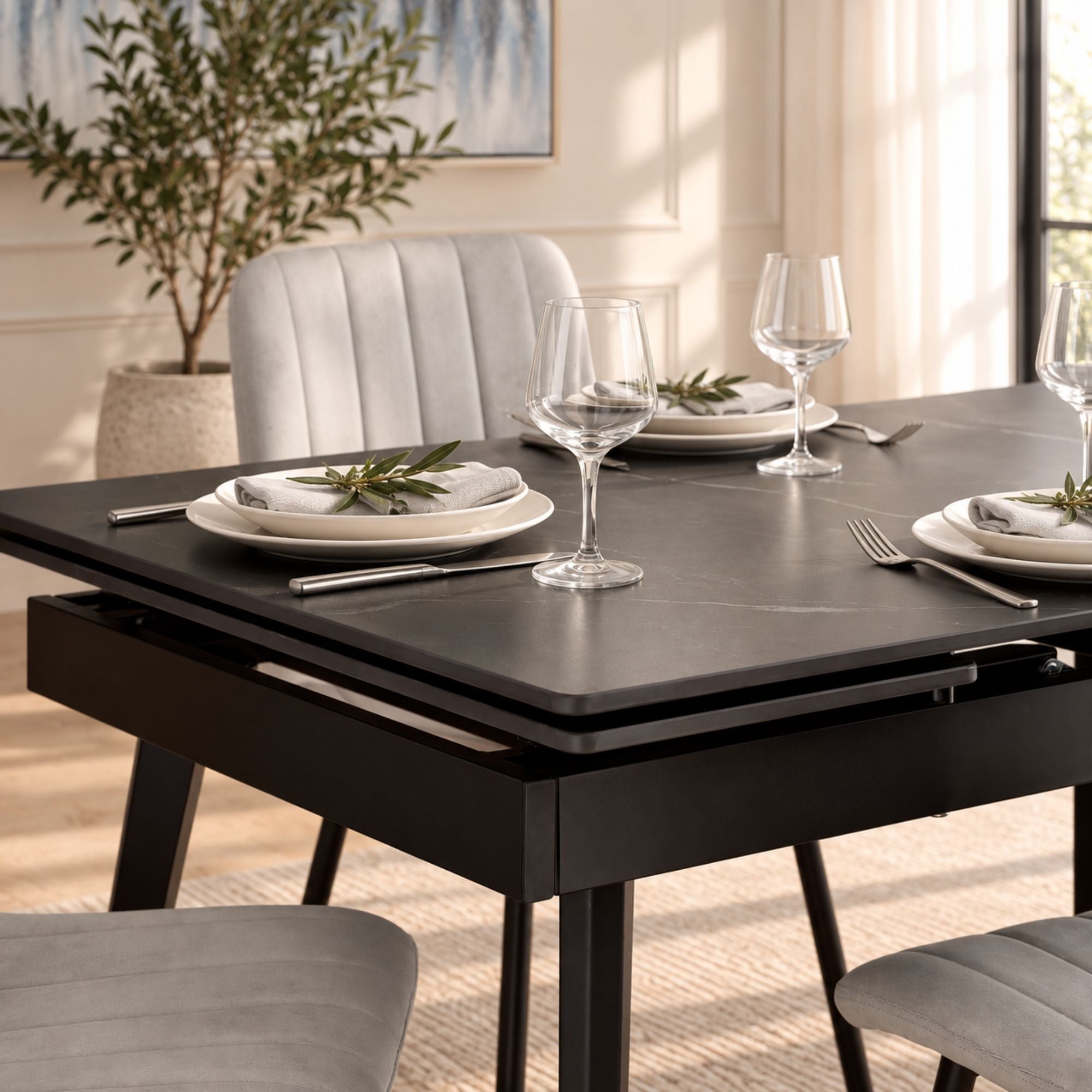 Arden Sintered stone Extendable Dining Set Marbled Black & Light Grey
