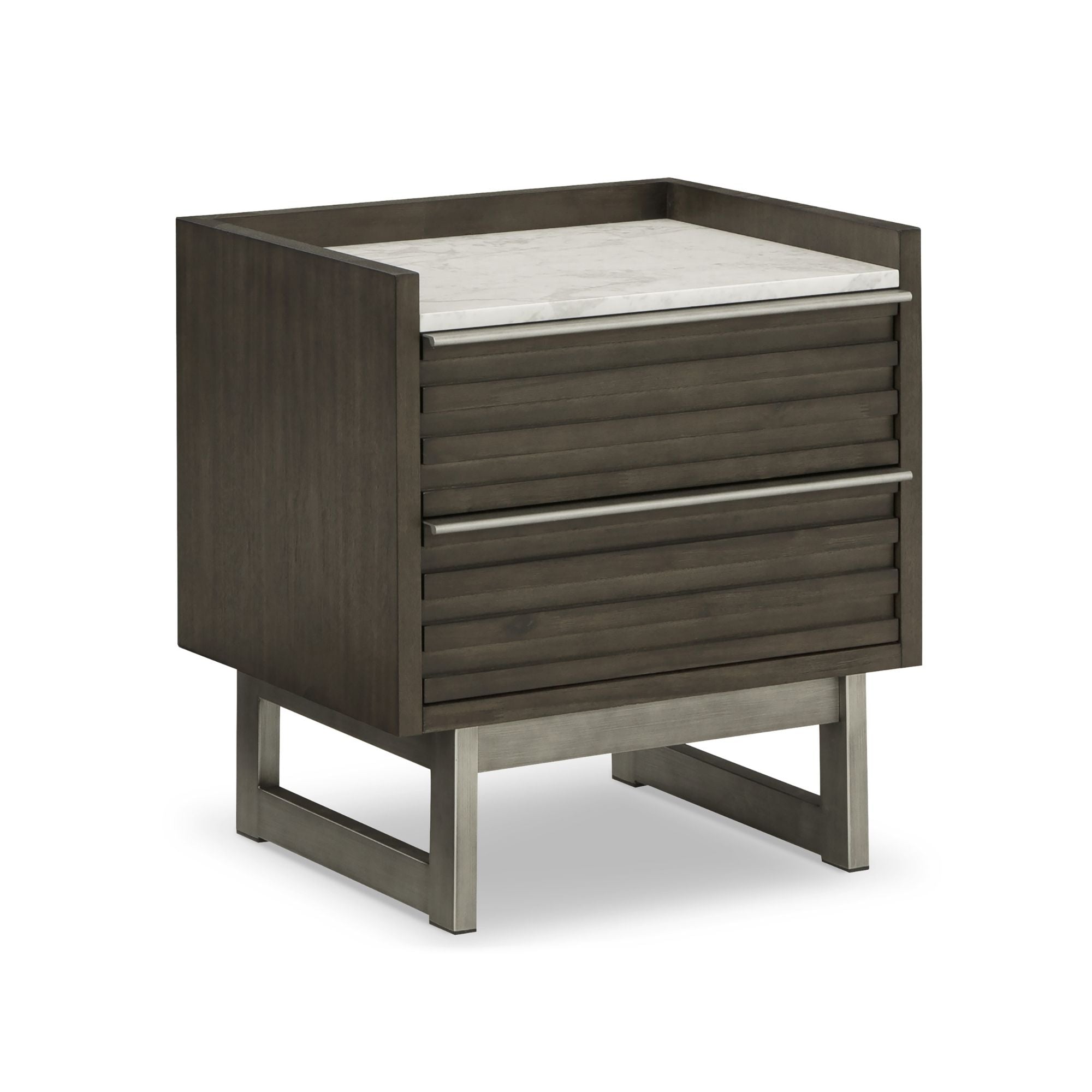 Grayish brown and white marble top nightstand with two drawers from Signature Ashley's Arkenton bedroom collection.