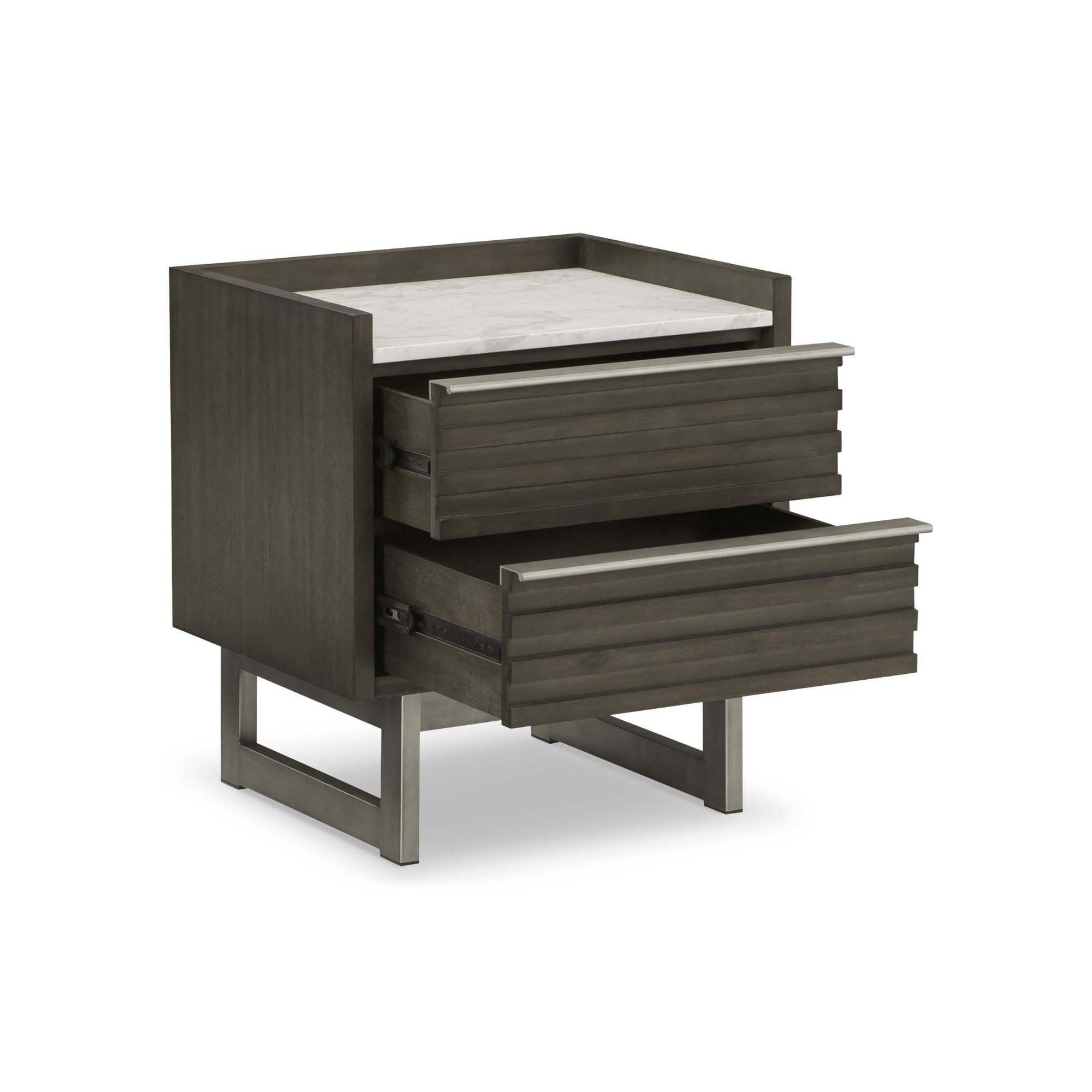 Arkenton marble top two drawer nightstand in grayish brown and white with sleek design, part of Signature Ashley bedroom furniture.