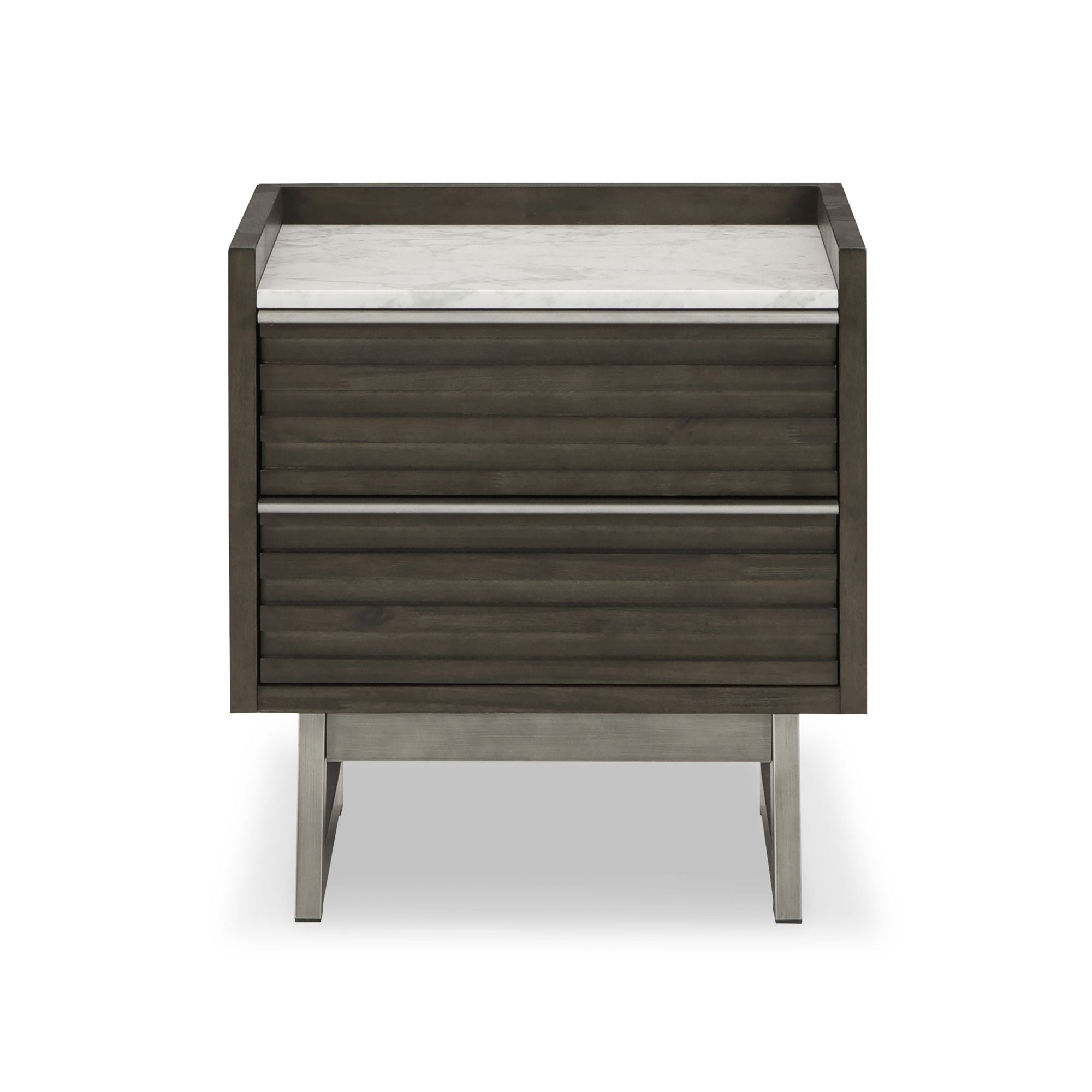 Grayish brown and white marble top Arkenton nightstand with two drawers, from Signature Ashley, featuring a classic bedroom furniture style.