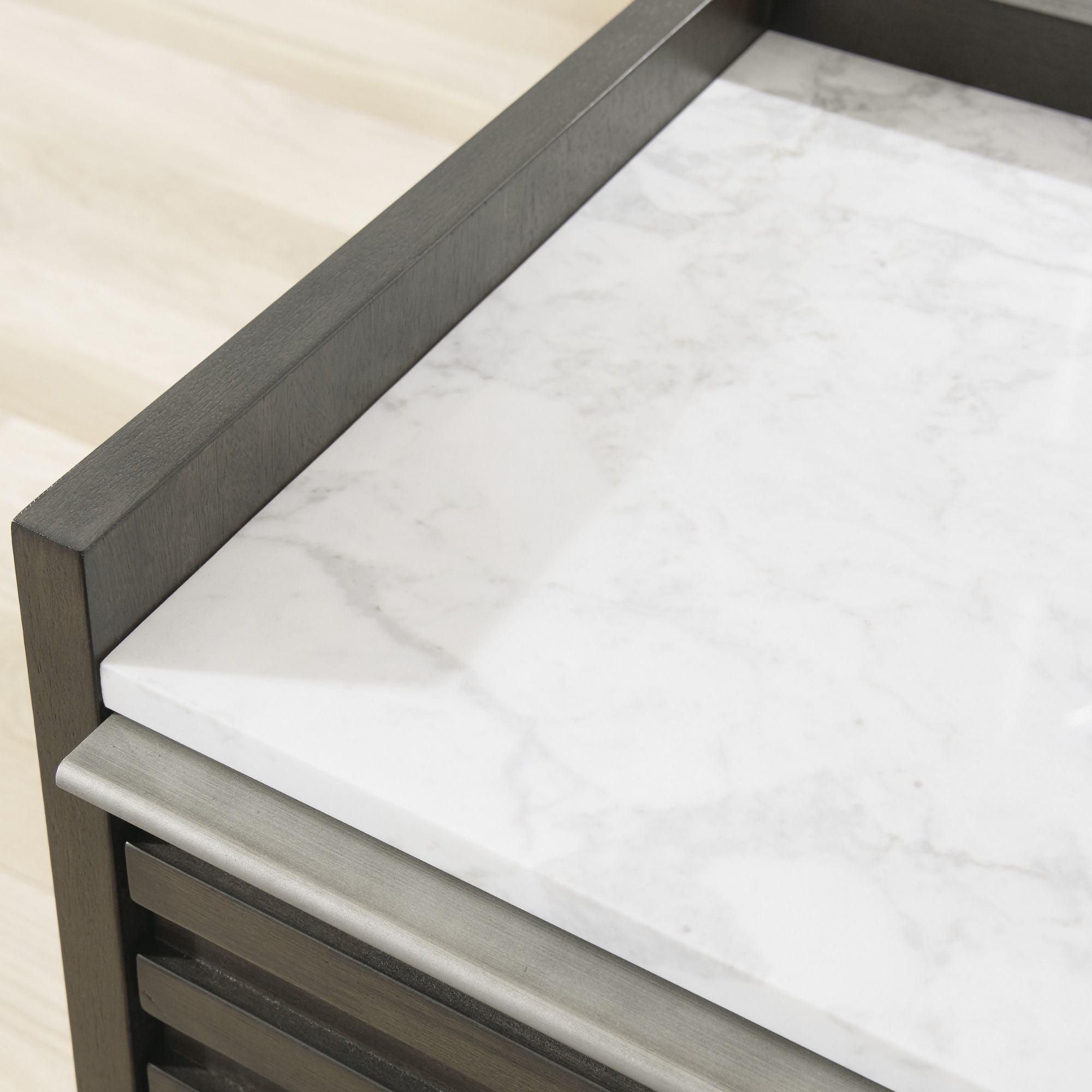 Grayish brown and white Arkenton marble top two-drawer nightstand by Signature Ashley with sleek design and storage space.