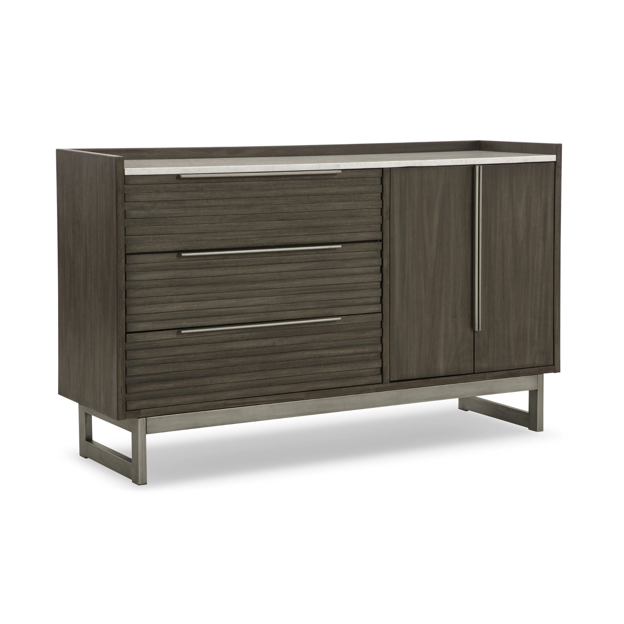 White marble top dresser by Signature Ashley featuring grayish brown and white finish, modern design, and spacious drawers.