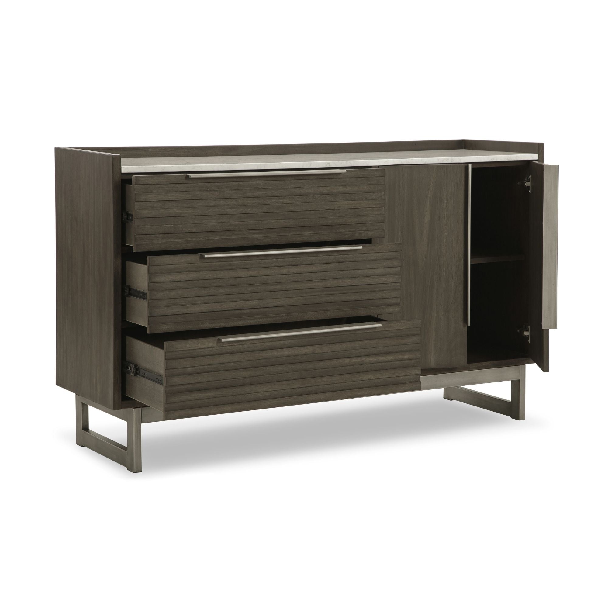 White marble top dresser from Signature Ashley's Arkenton bedroom set featuring grayish brown and white finish.