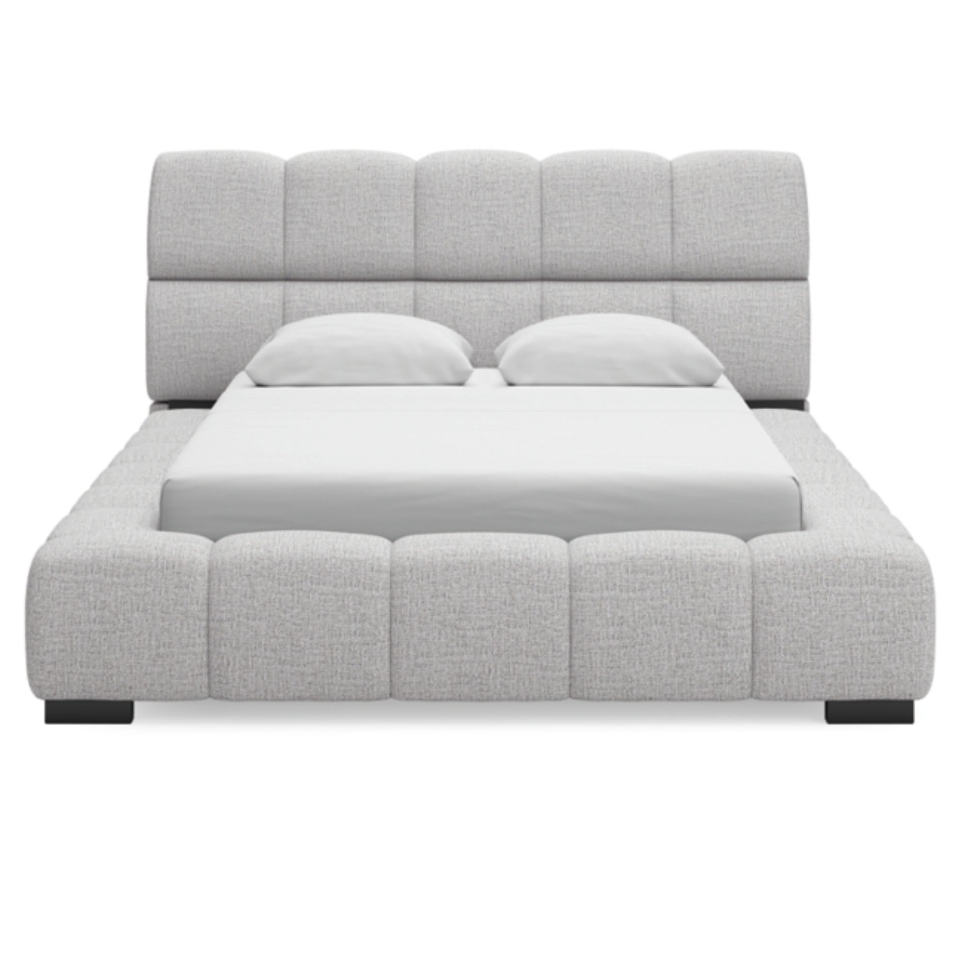 Light gray upholstered Ashley bed from Signature Ashley, showcasing a modern, padded headboard and sleek bed frame.