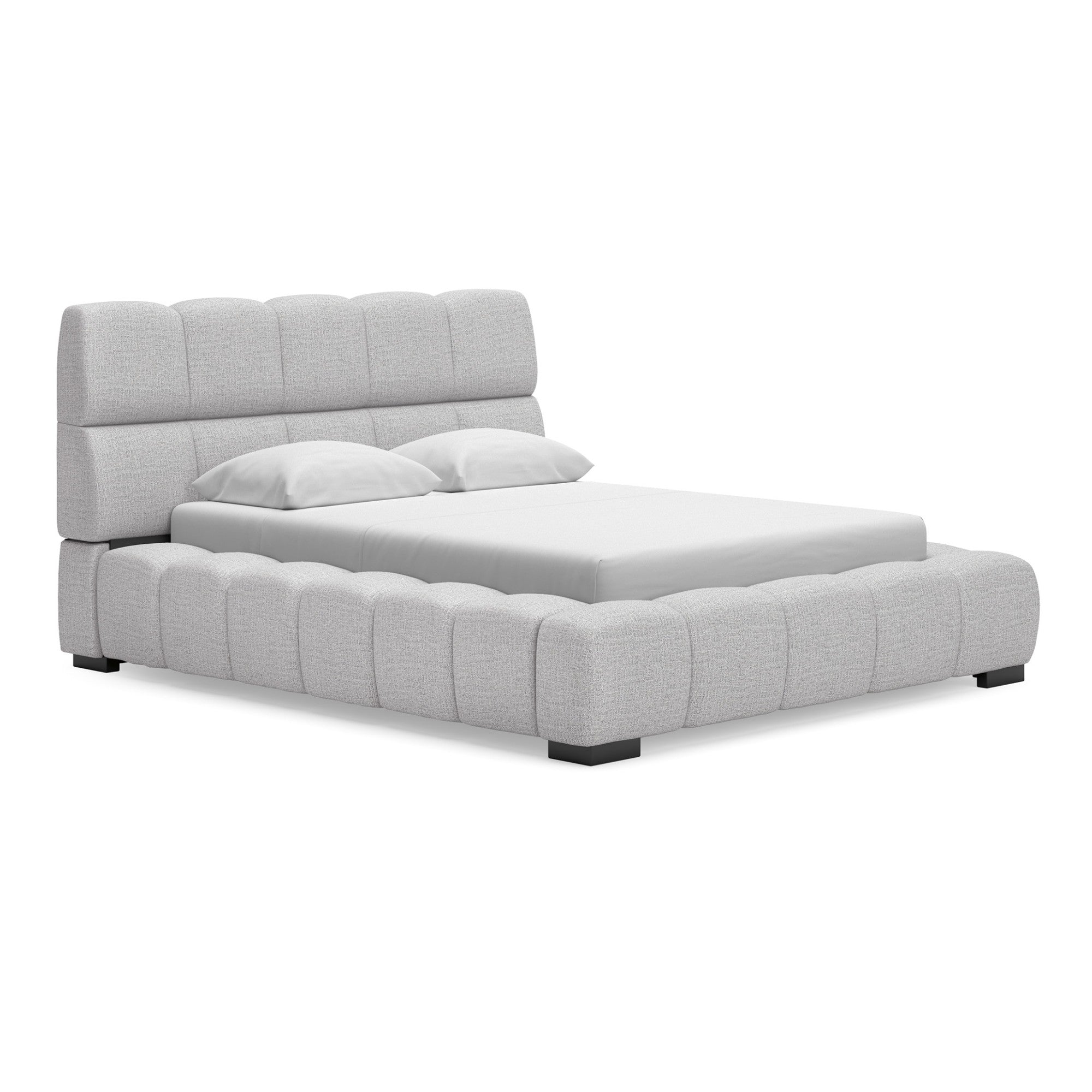 Light gray upholstered Ashley bed with plush headboard and wooden legs, showcasing the modern design of the Grendusk bed from Signature Ashley.