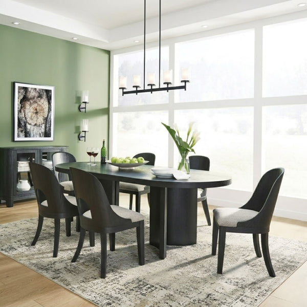 Signature Ashley Rowanbeck 7-piece dining room set with a table and matching chairs, ideal for modern dining spaces.