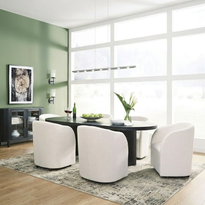 Ashley Rowanbeck 7-piece dining set with arm chairs, featuring a wooden table and upholstered chairs for a stylish dining room.