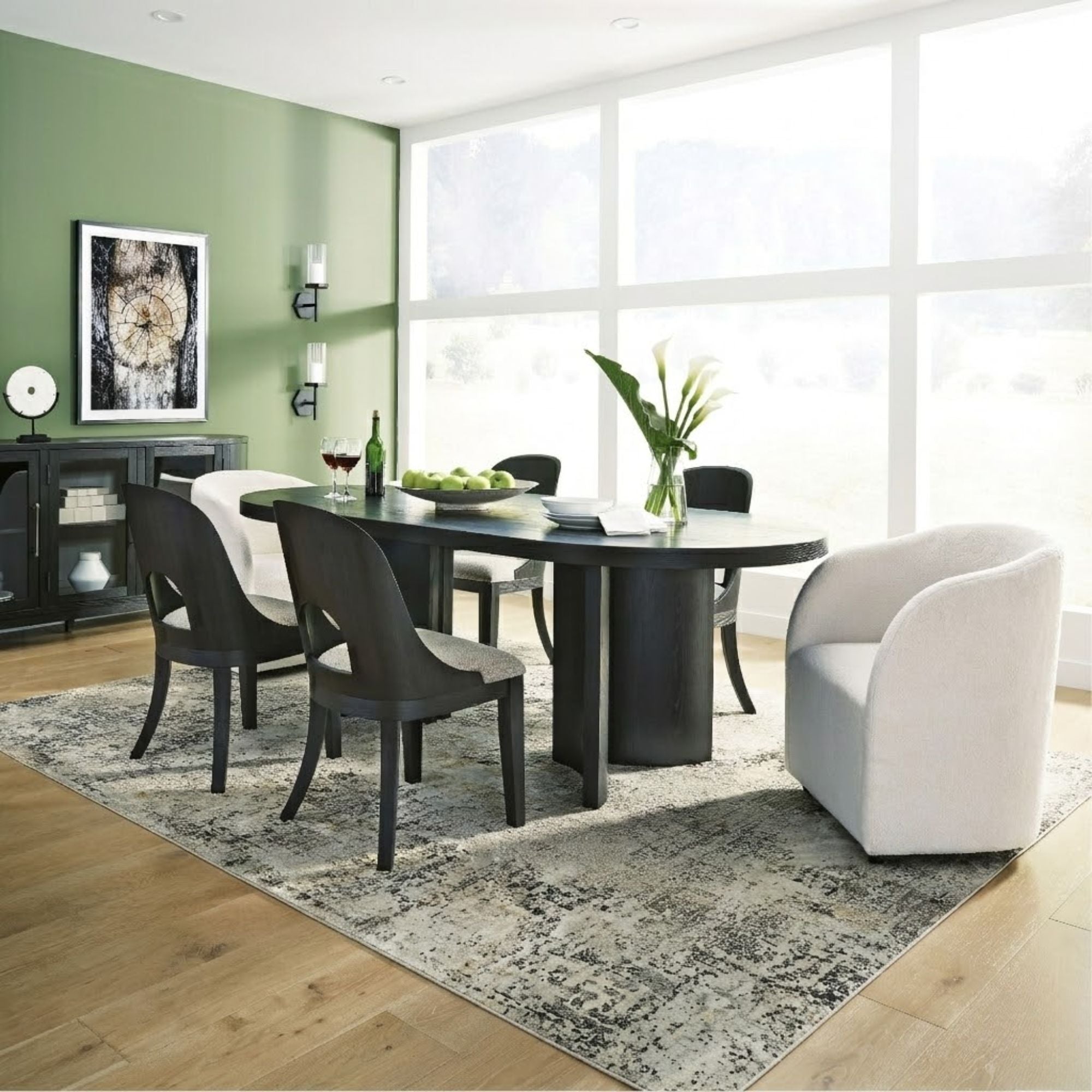 Ashley Rowanbeck 7-piece dining room set with side and arm chairs, featuring a modern wooden table and upholstered seating.