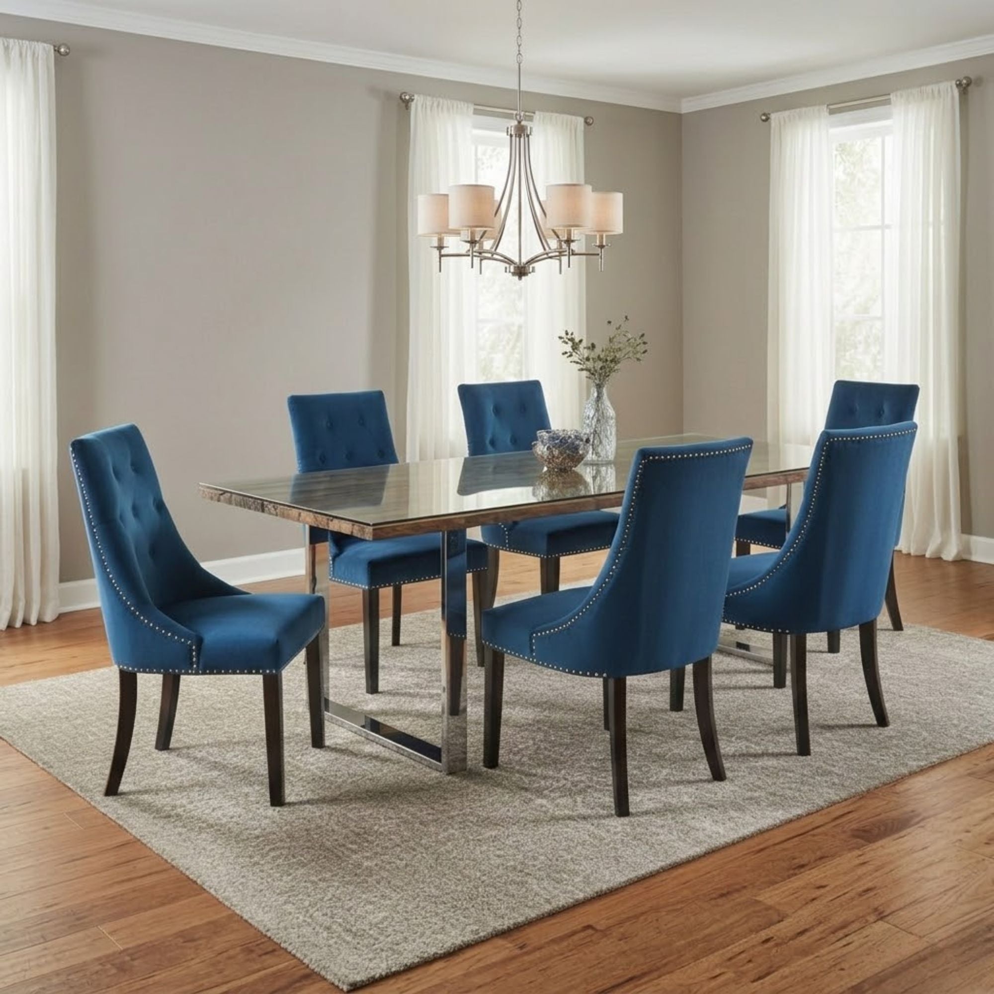 Xcella Railwood 7-piece dining table set with wooden table and matching chairs, modern design, ideal for dining rooms