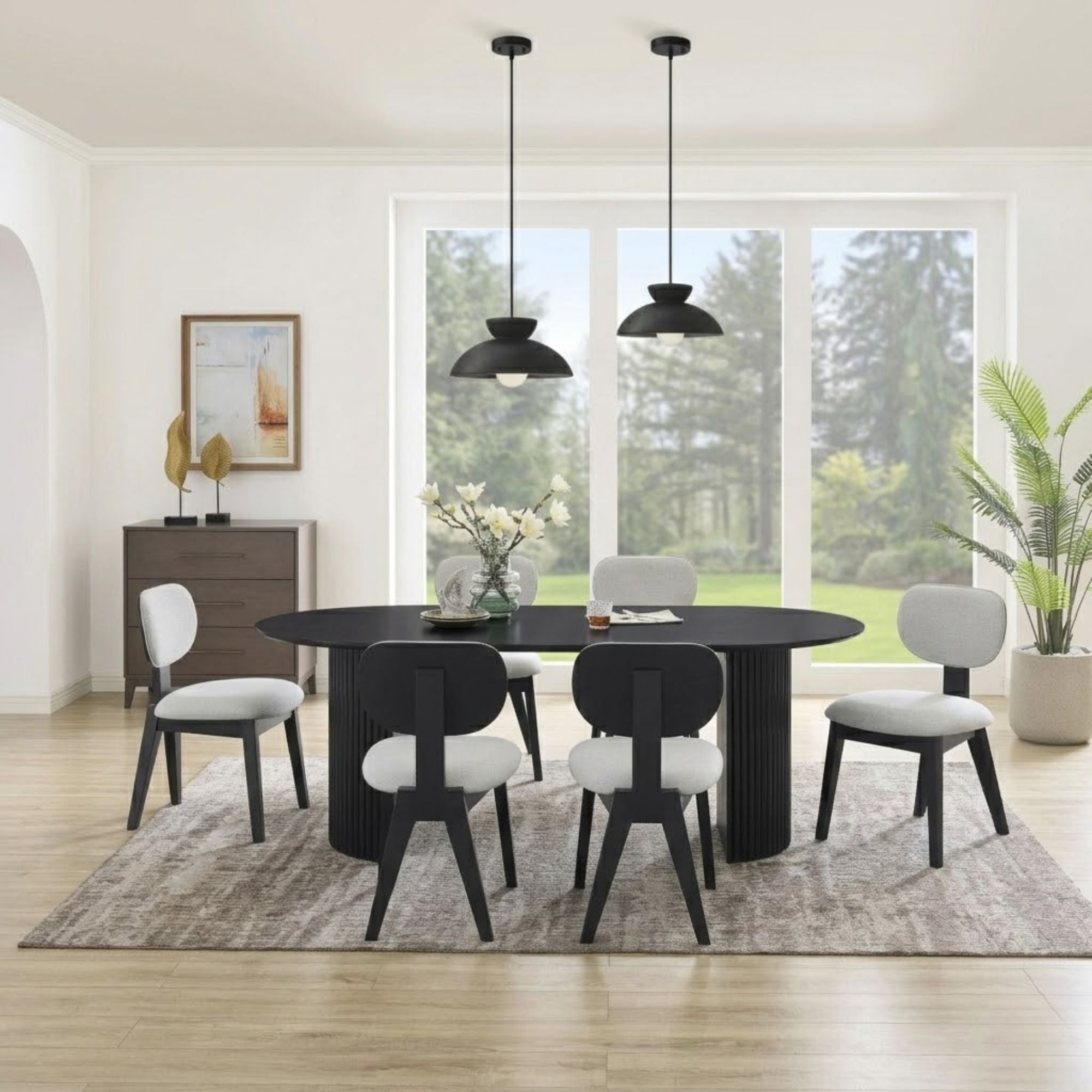 Black Terra 7-piece dining set by Brassex, includes a table and six chairs, shown in a modern dining room setting.