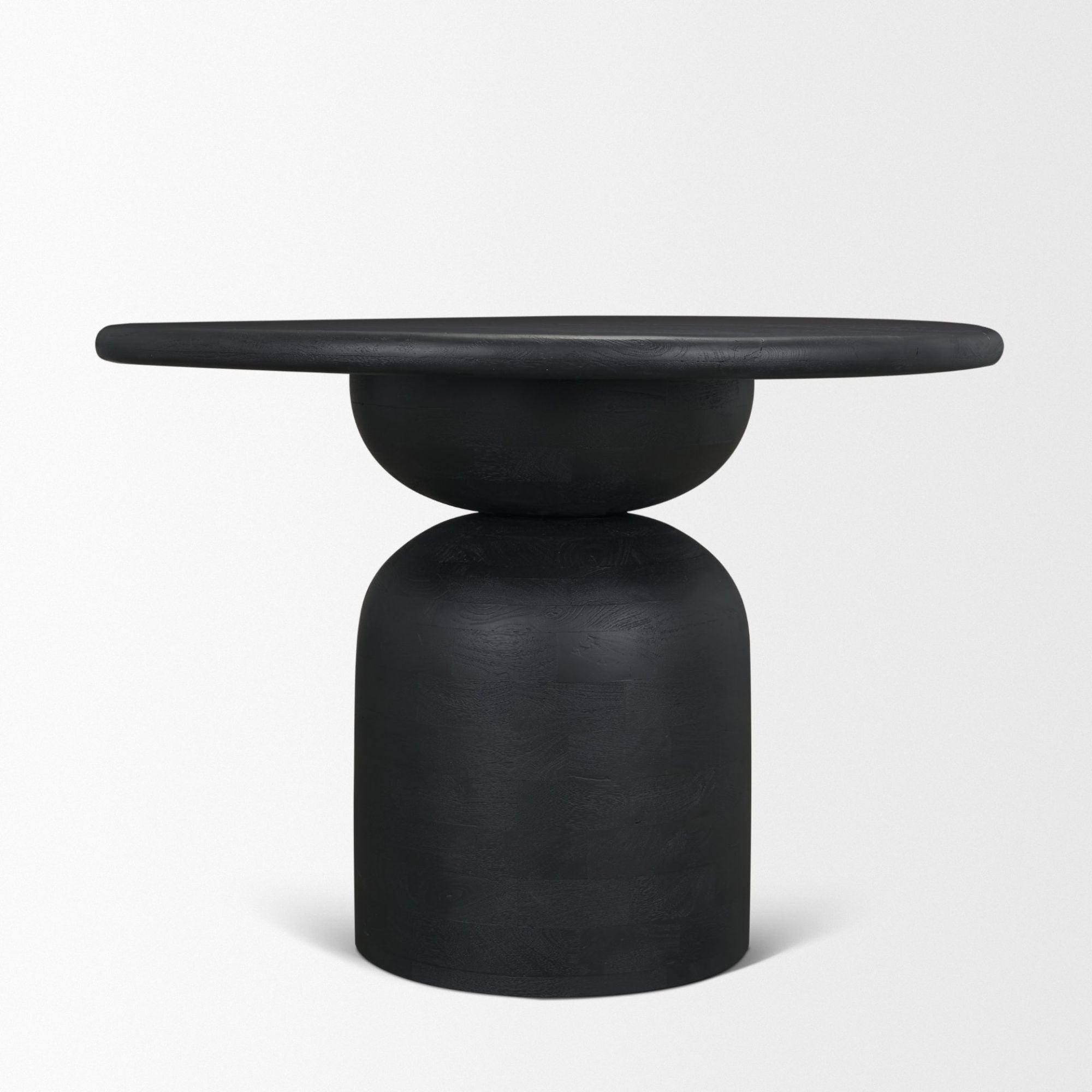 Black wood round dining table from Mercana Atlas Collection, 42-inch size, stylish and sturdy for modern dining spaces.