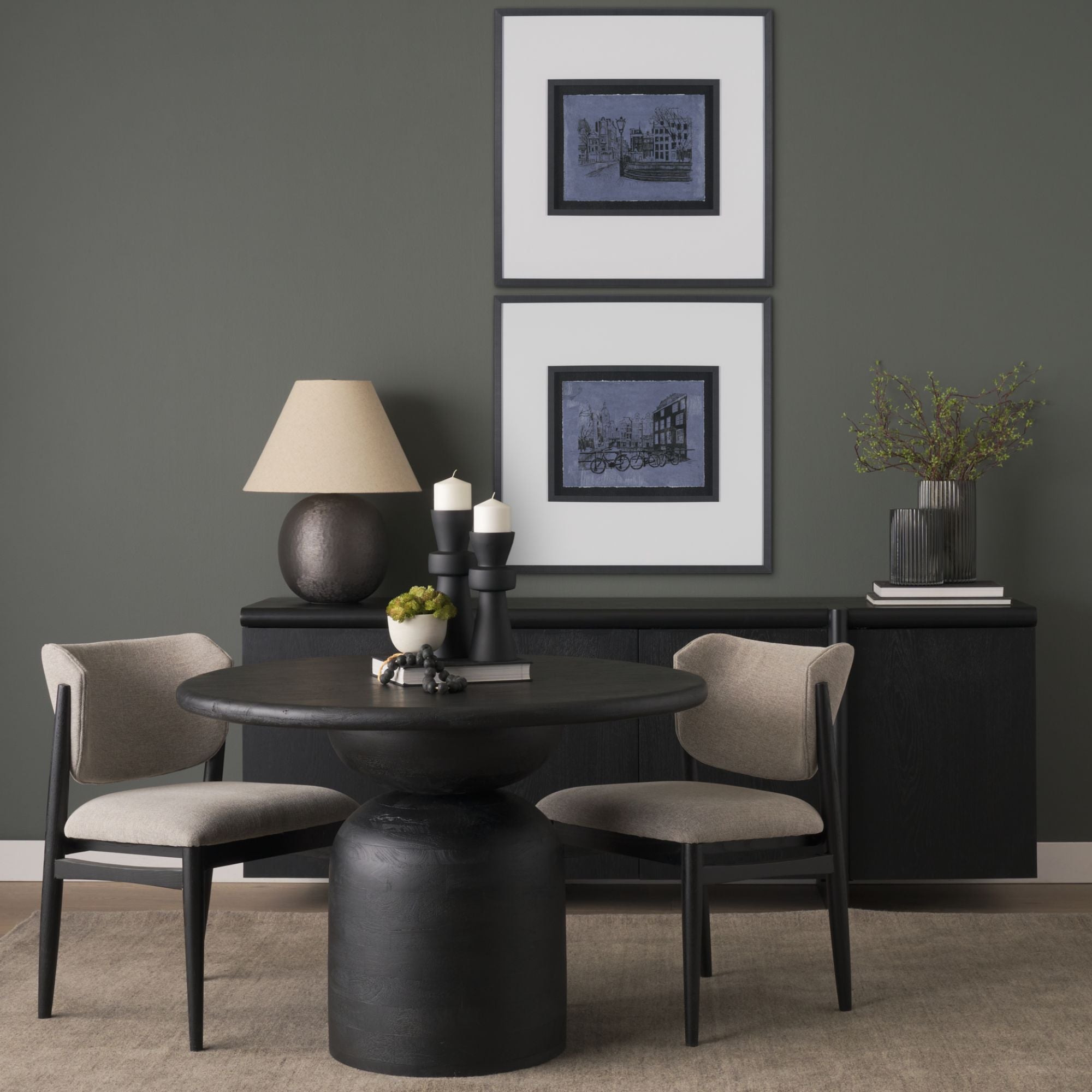 Black wood round dining table from Mercana Atlas Collection, 42-inch diameter, with a sleek modern design.