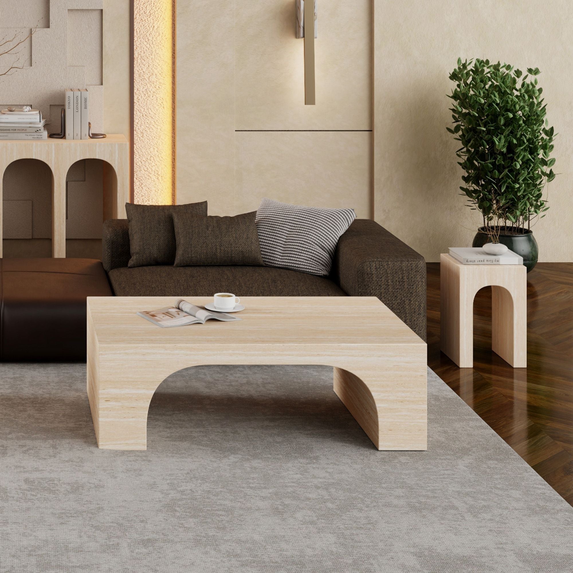 Rectangular Atticus coffee table by World Wide with a sleek travertine surface and modern wooden legs.