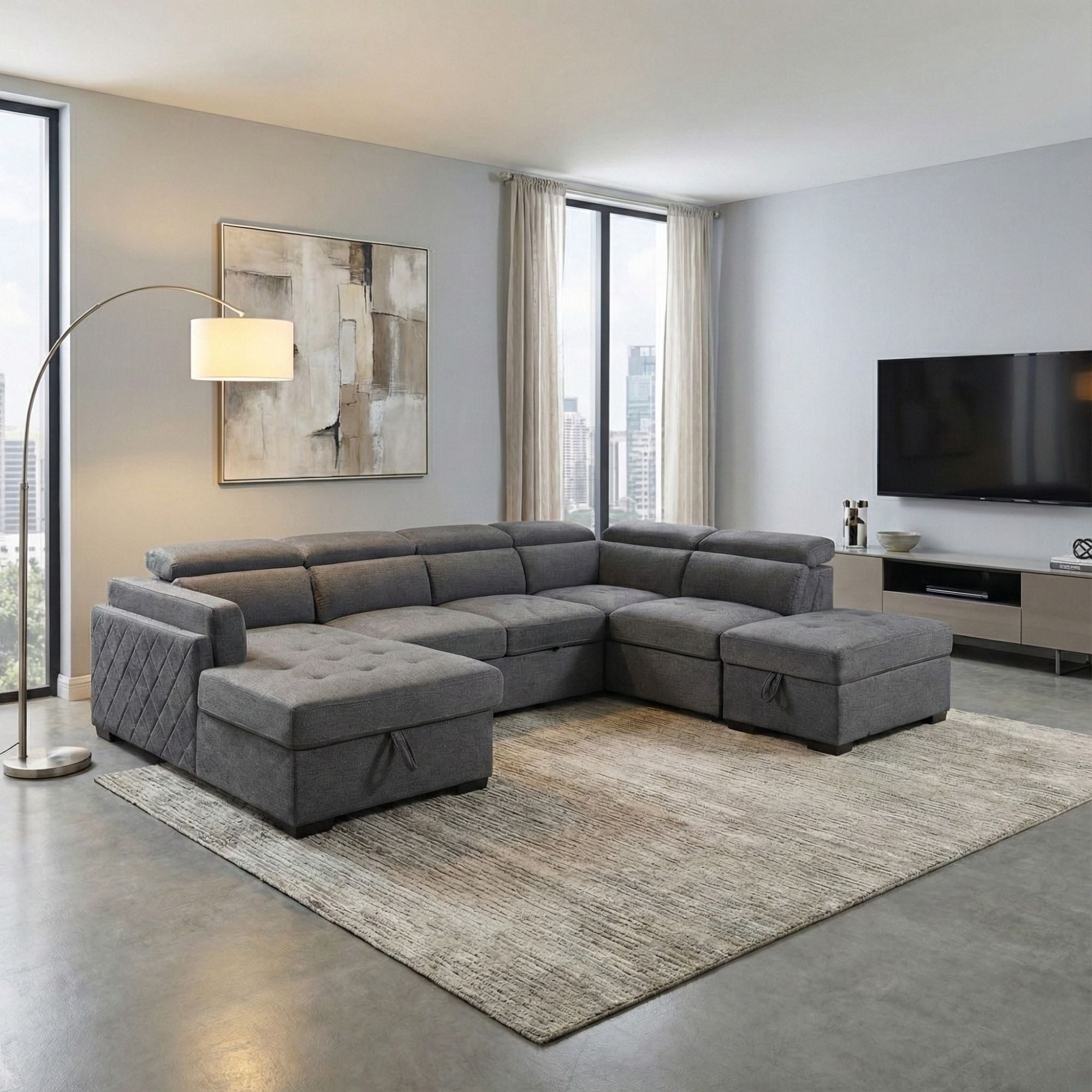Soft grey Aurora LHF lift-up storage sectional sleeper sofa by IFF with plush cushions and built-in storage compartments.