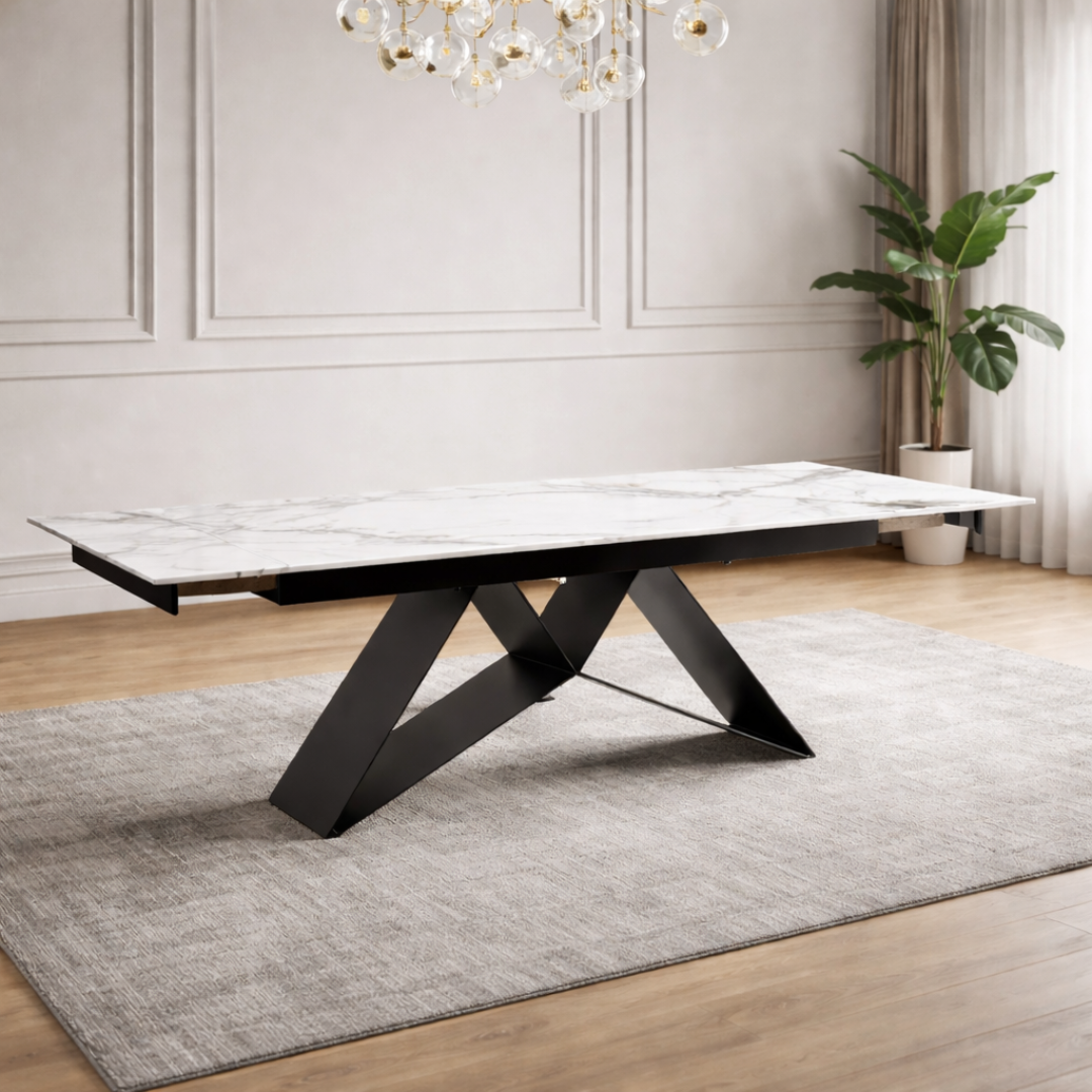 Axis Sintered Stone Chanel Marble Top Extension Dining Table by IFF, showcasing a sleek marble surface and extendable design.