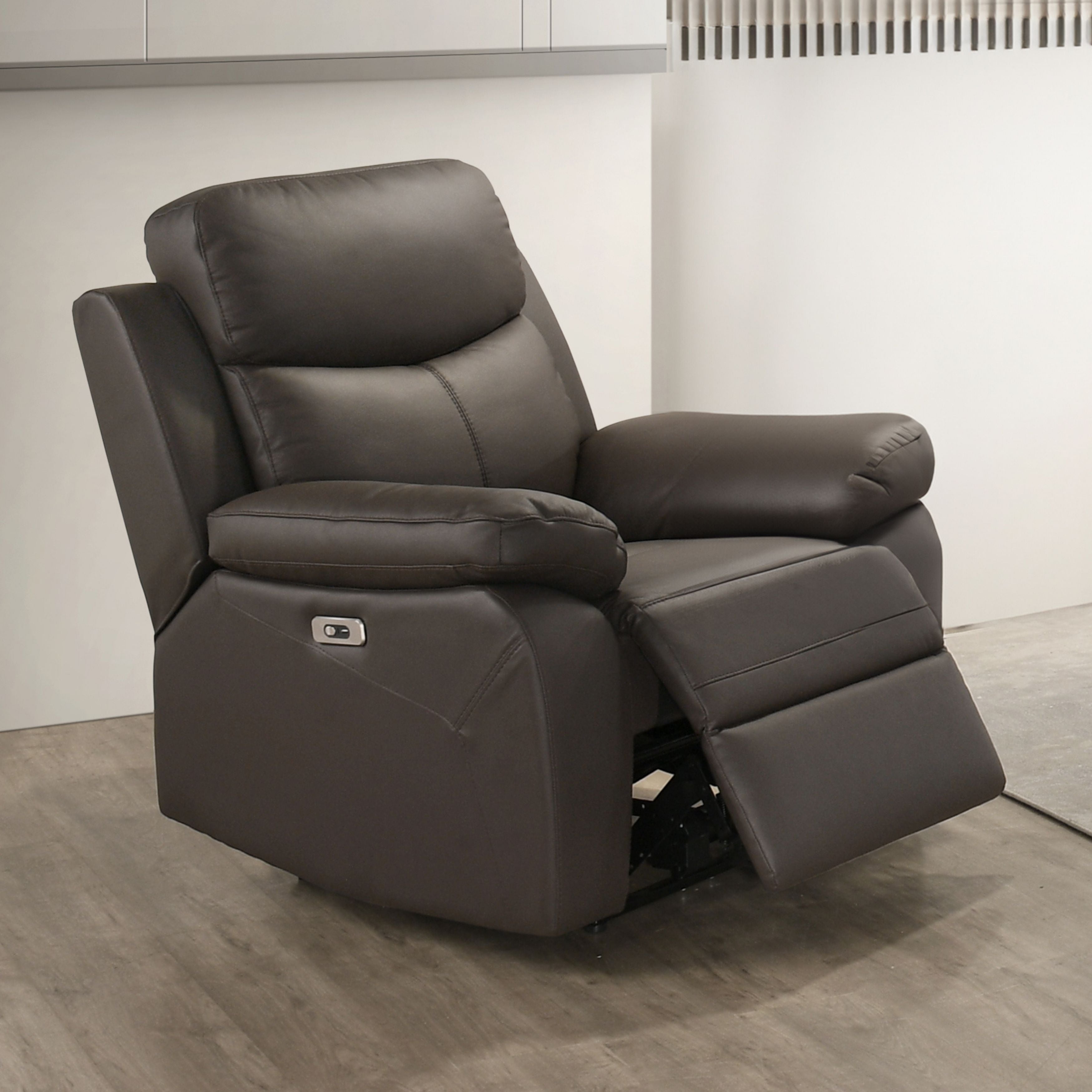Iff Axton Luxe leather power recliner chair in rich chocolate, showcasing plush cushioning and built-in reclining mechanism.