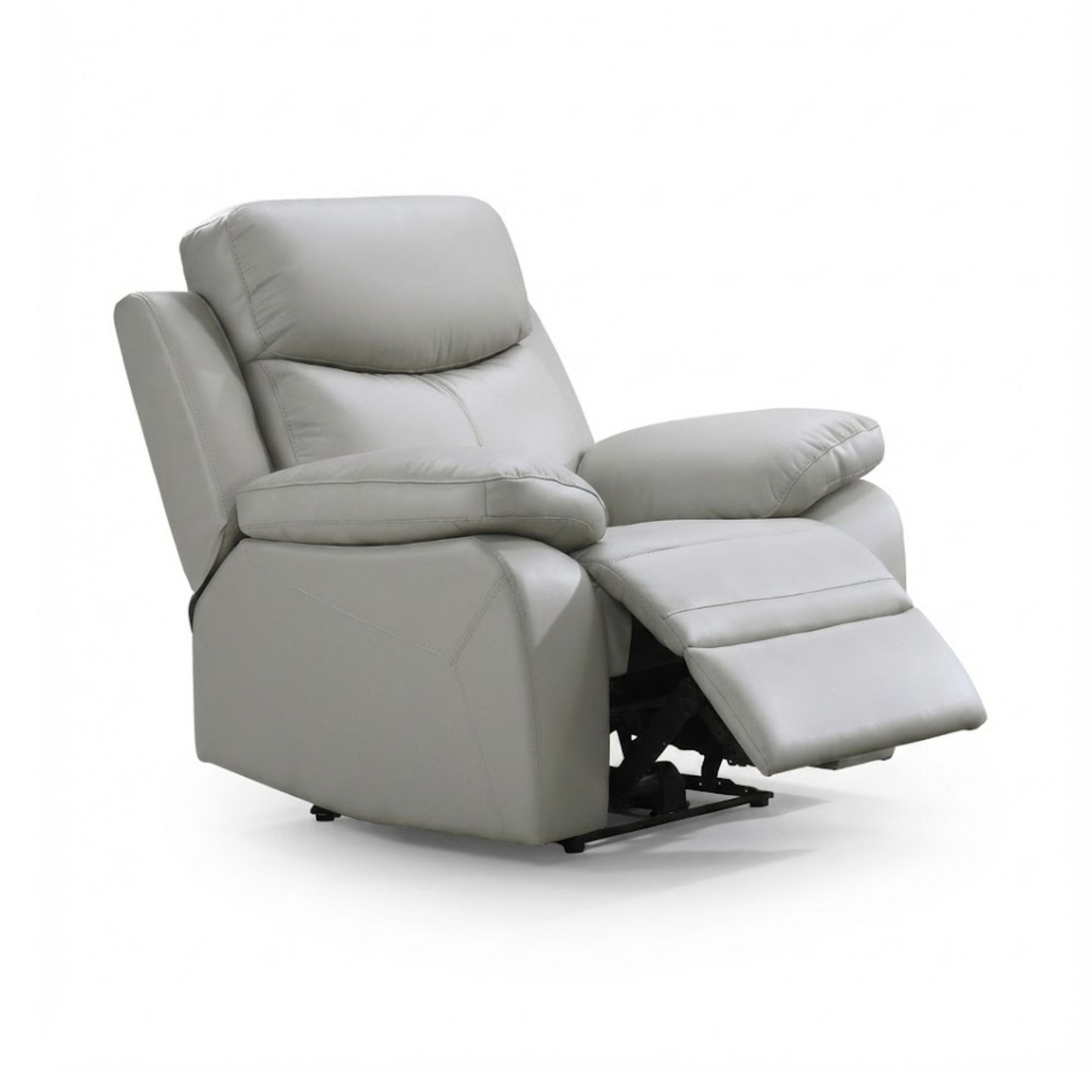 Light grey Axton Luxe leather power recliner sofa set by IFF, showcasing the reclining sofa with plush leather upholstery.
