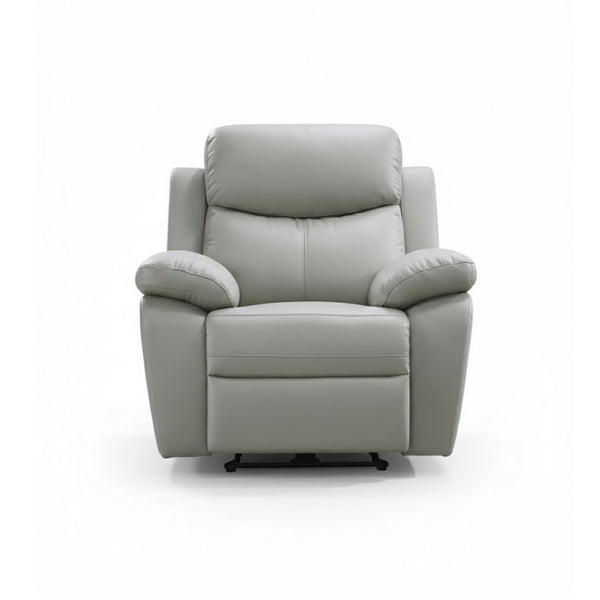 Light grey Axton Luxe leather power recliner chair by IFF, featuring plush cushioning and modern design for comfortable seating.