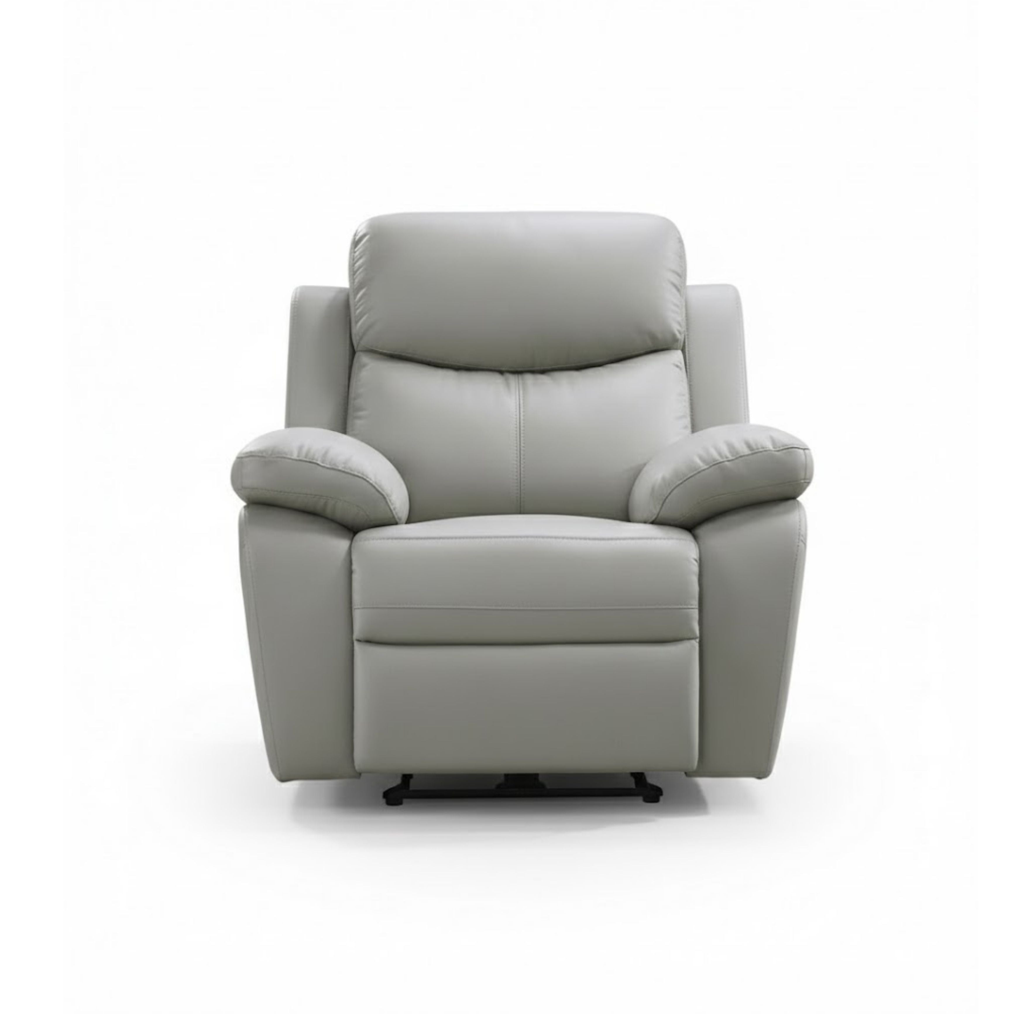 Light grey Axton Luxe leather power recliner sofa set by IFF, showing plush reclining chairs with cushioned armrests and modern design.