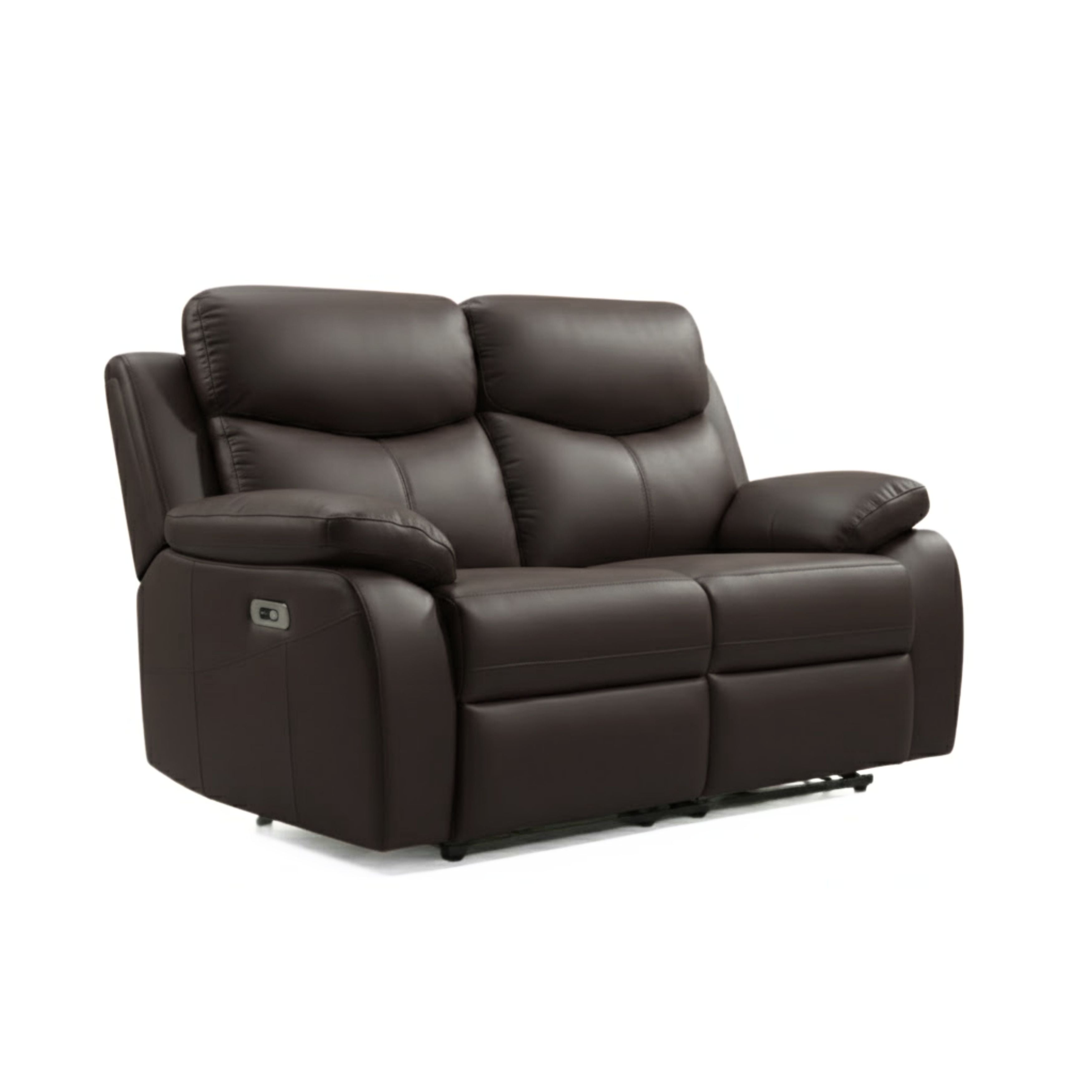 IFF Axton Luxe leather power recliner sofa set in rich chocolate, showing plush cushions and reclining mechanism in a modern living room.
