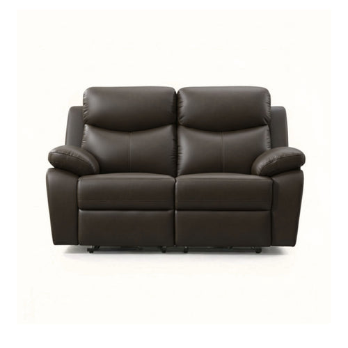 IFF Axton Luxe leather power recliner loveseat in rich chocolate, showcasing plush seating and reclining features.
