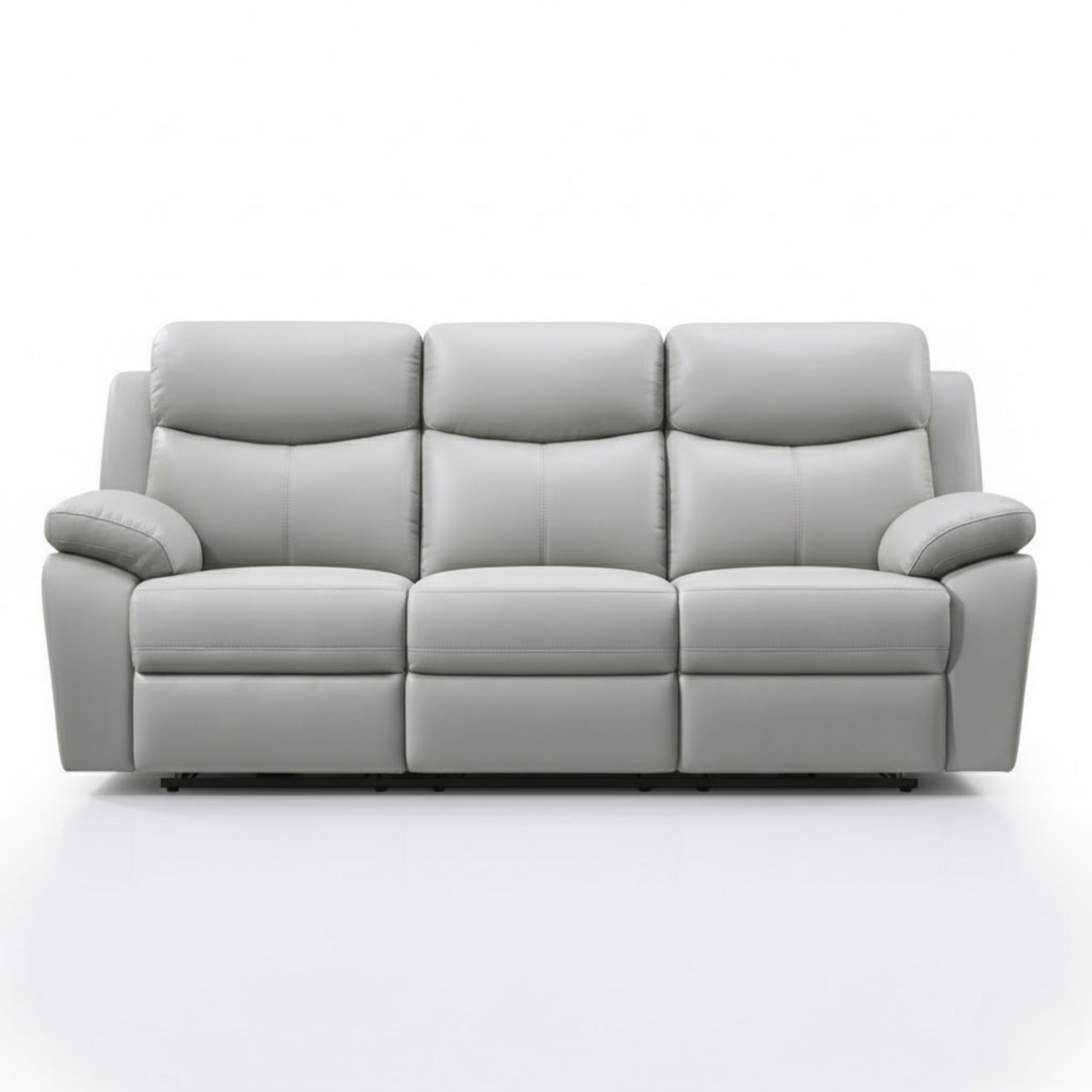 Light grey Axton Luxe leather power recliner sofa by IFF, showing plush upholstery and reclining mechanism in a modern living room setting.