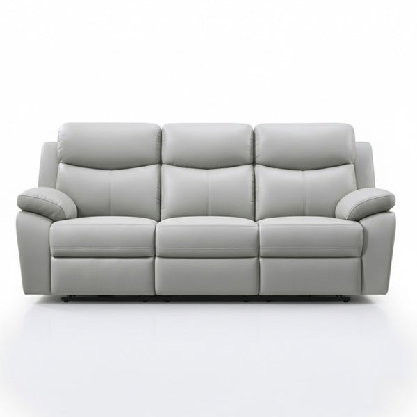Light grey Axton Luxe leather power recliner sofa by IFF, showing plush upholstery and reclining mechanism in a modern living room setting.