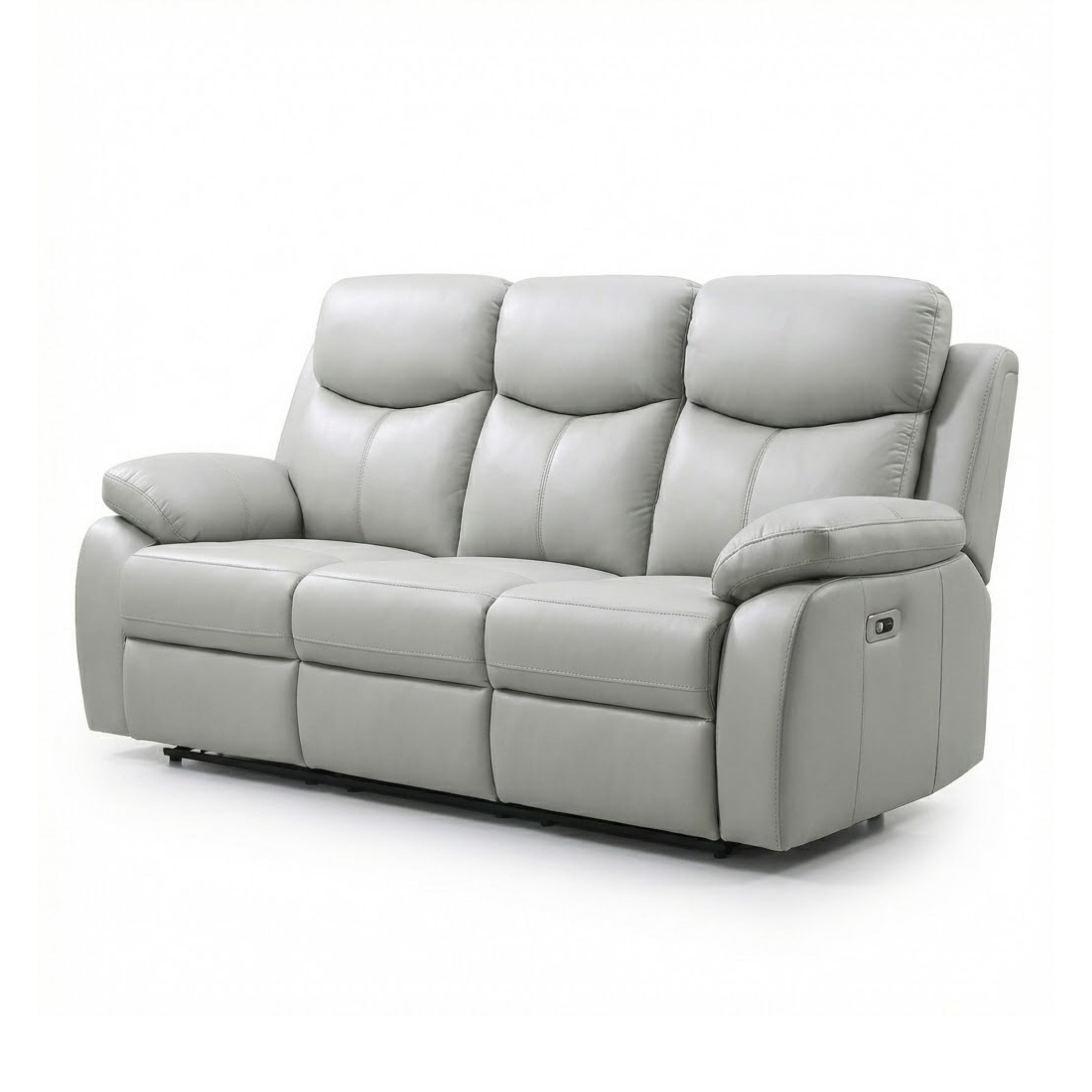 Light grey Axton Luxe leather power recliner sofa set by IFF, featuring plush cushions and modern design.