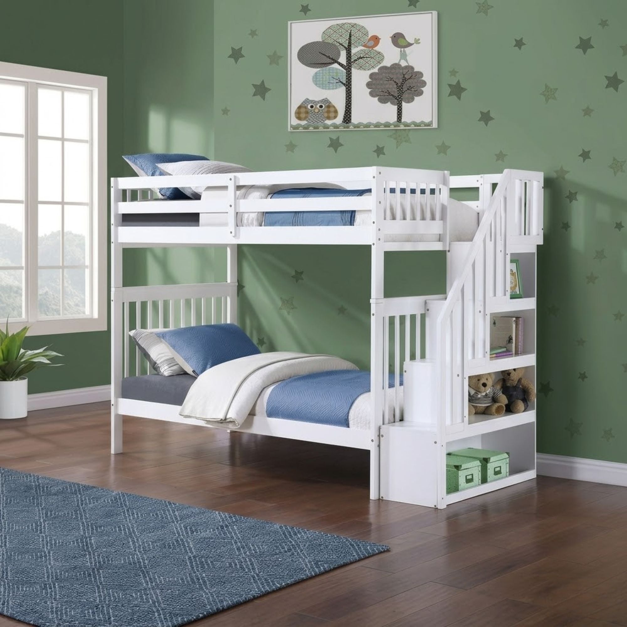 White Mission Espresso twin-over-twin bunk bed with staircase storage and safety rails, made by IFF.