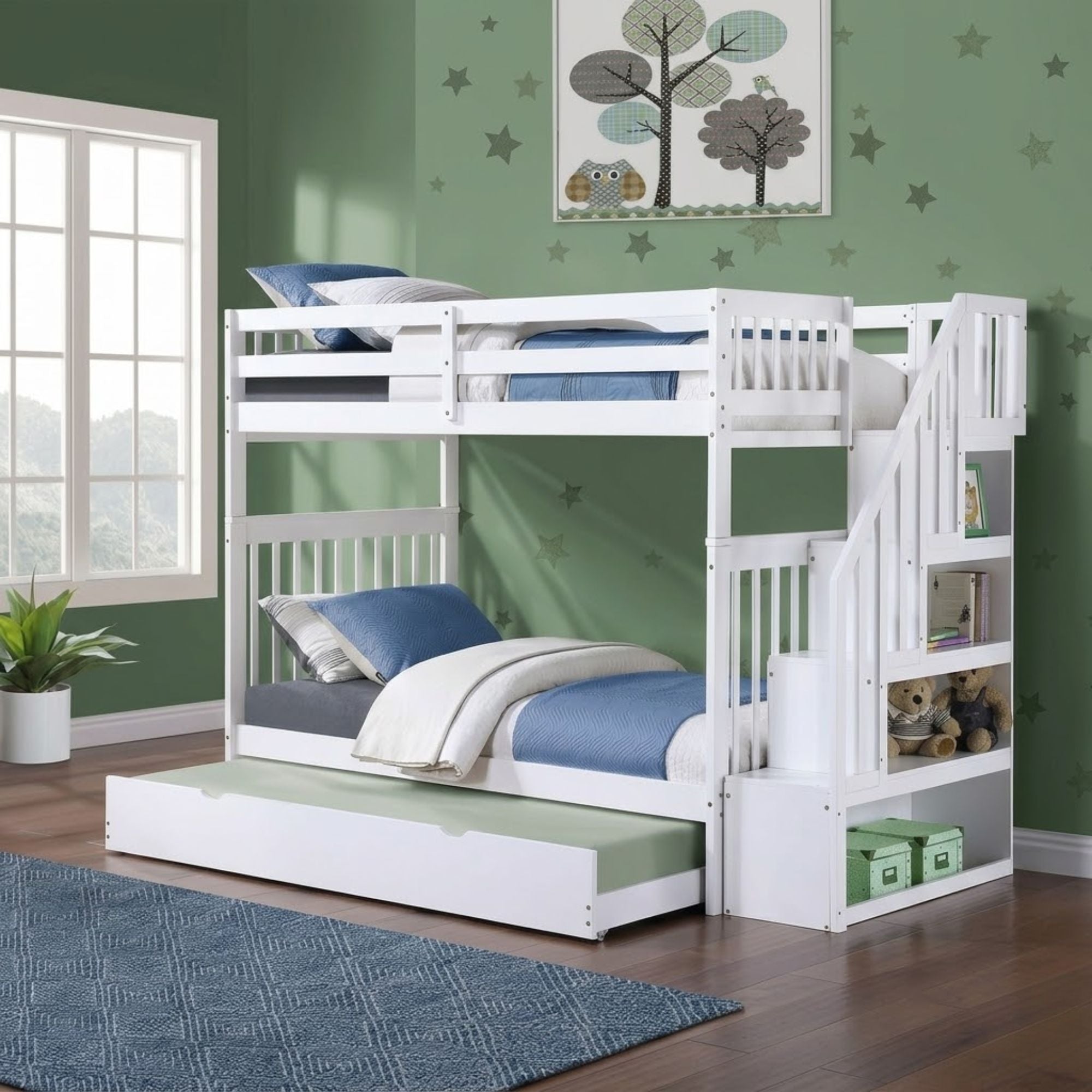 White Mission Espresso twin-over-twin bunk bed with staircase and storage drawers by IFF, showcasing sturdy wood frame and functional design.
