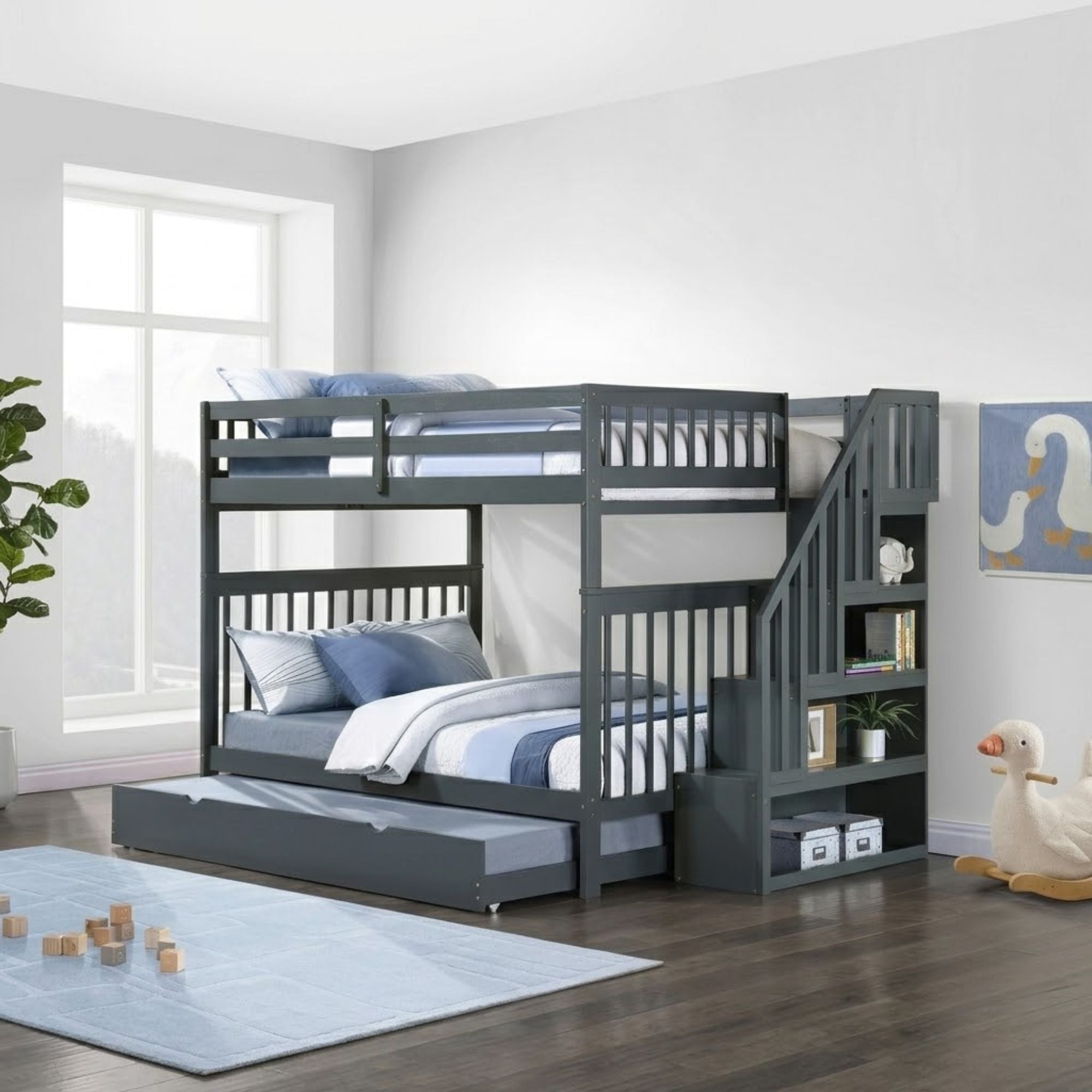 Grey Skyline Collection double bunk bed by IFF with sturdy metal frame and modern design, shown in a well-lit bedroom setting.