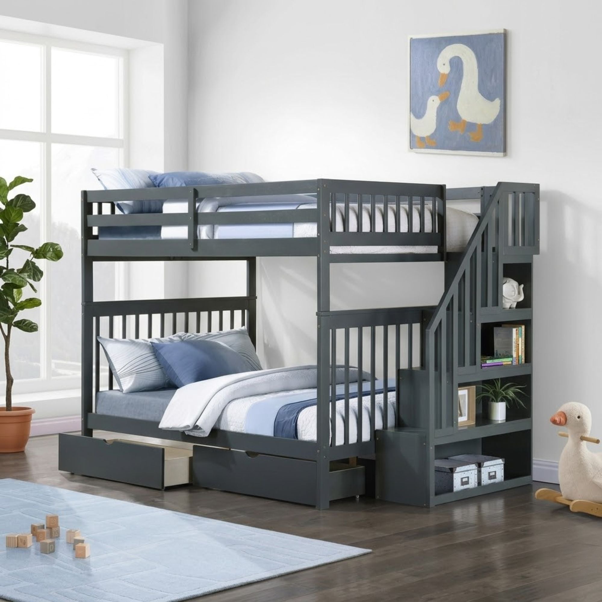 Grey Skyline Collection double bunk bed by IFF with sturdy metal frame and ladder, perfect for space-saving sleeping arrangements.