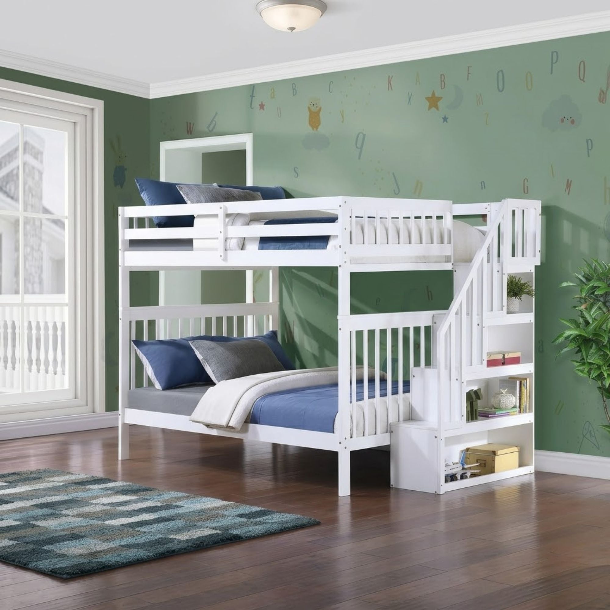 White Skyline Collection double bunk bed by IFF with sturdy ladder and safety rails, ideal for kids' bedrooms.