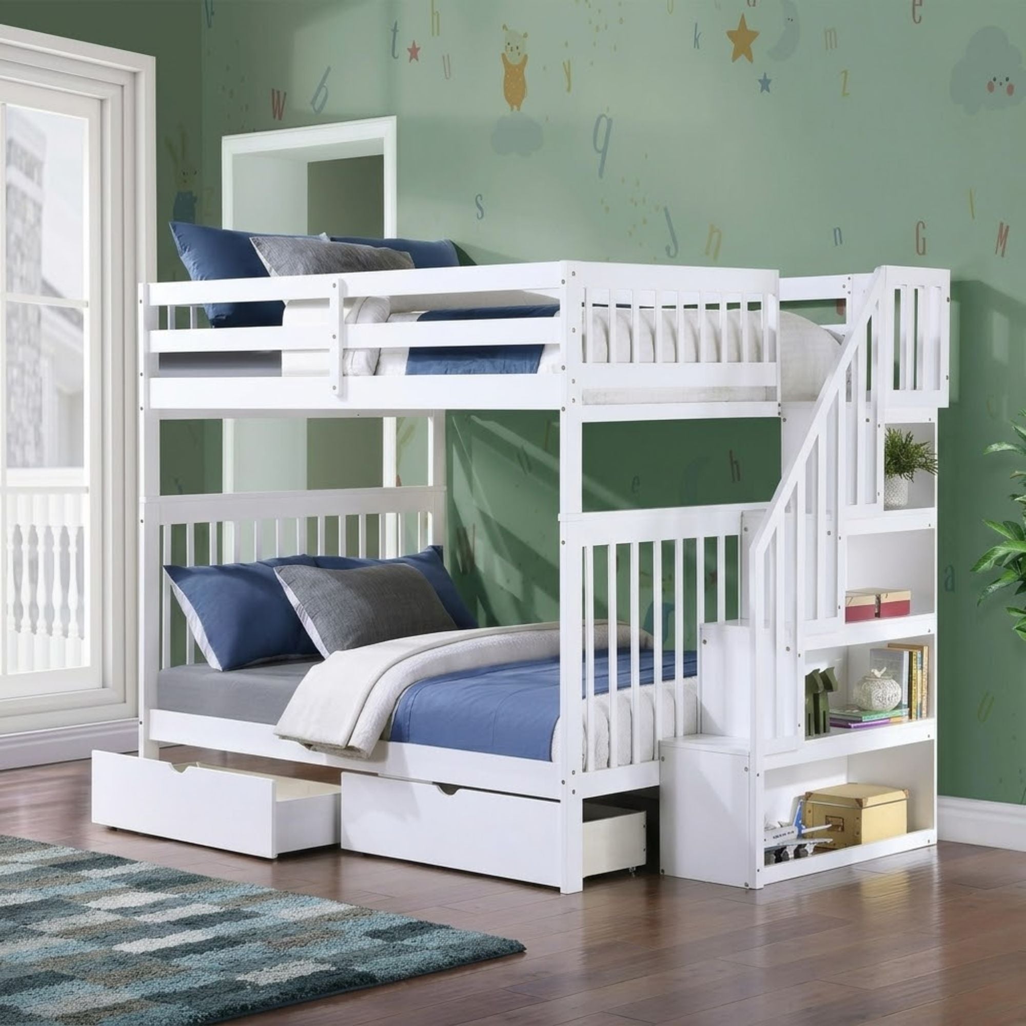 White Skyline Collection double bunk bed by IFF with sturdy frame and ladder, perfect for space-saving bedroom arrangements.