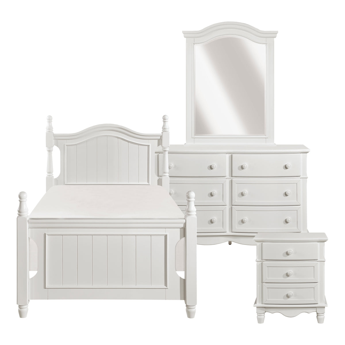 White MAZ Clementine Collection bedroom set including a bed, dresser, and nightstands, with elegant, modern design.