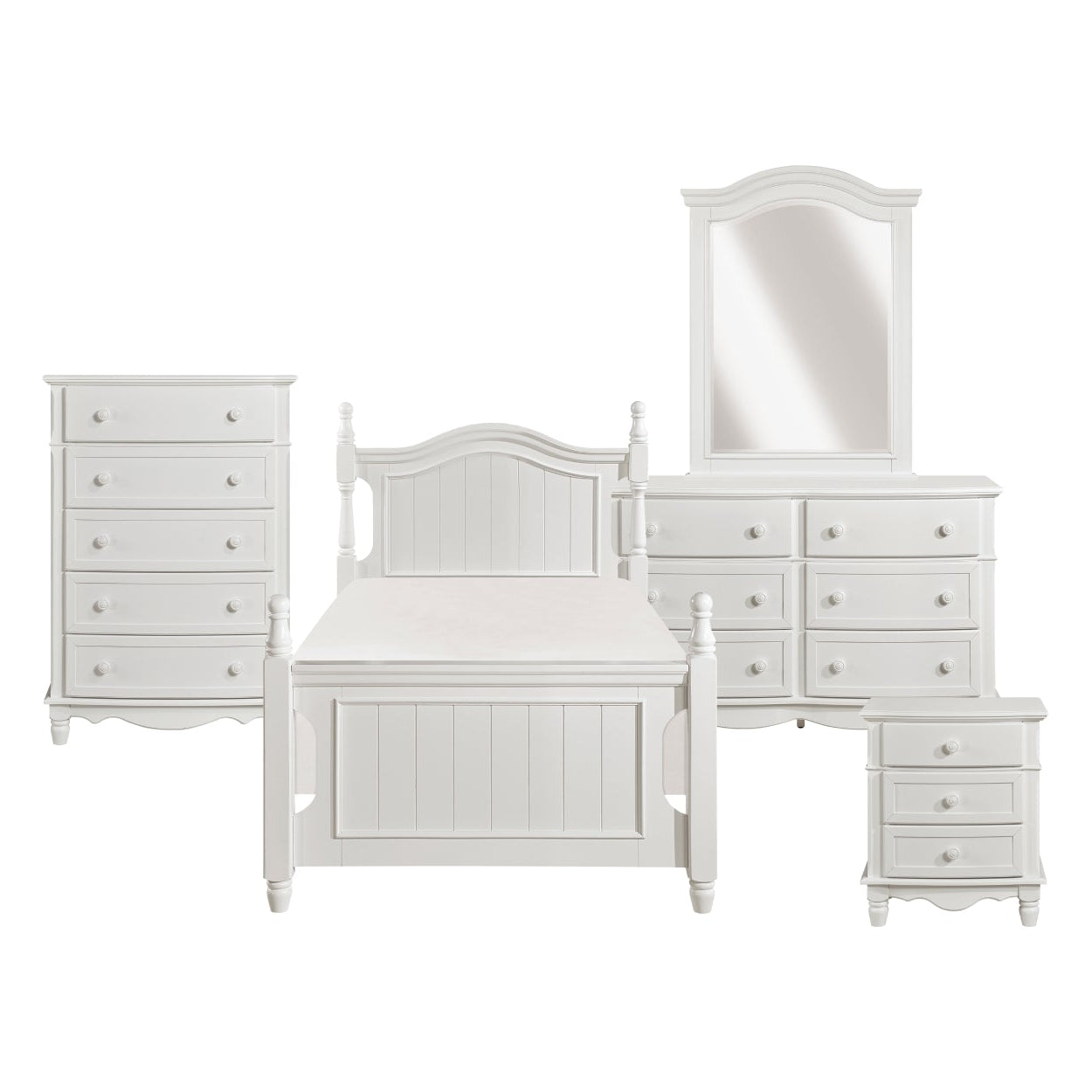 White MAZ Clementine Collection bedroom set with bed, dresser, nightstands, and mirror arranged in a modern bedroom scene.