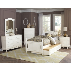 White Clementine Collection youth dresser by MAZ, showcasing sleek design with multiple drawers for children's bedroom storage.