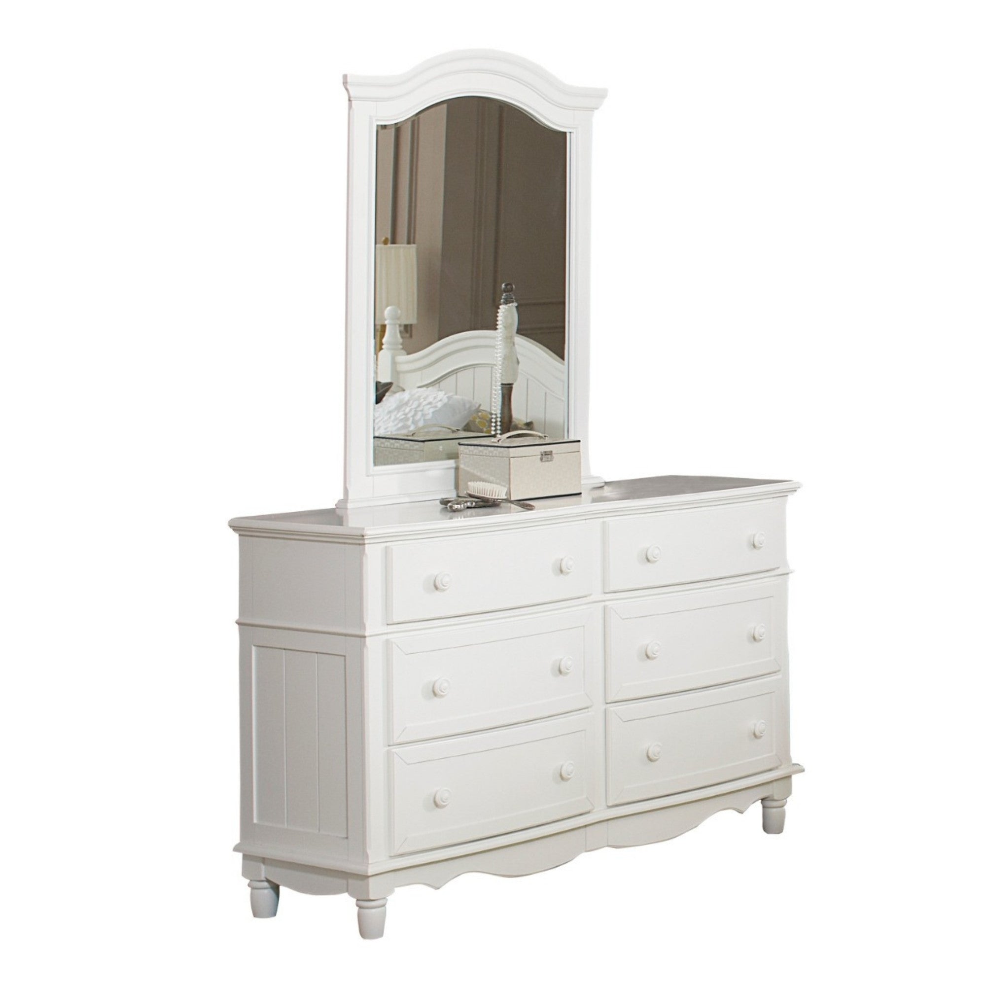 White MAZ Clementine Collection bedroom set with a bed, nightstands, and matching furniture in a modern bedroom scene.