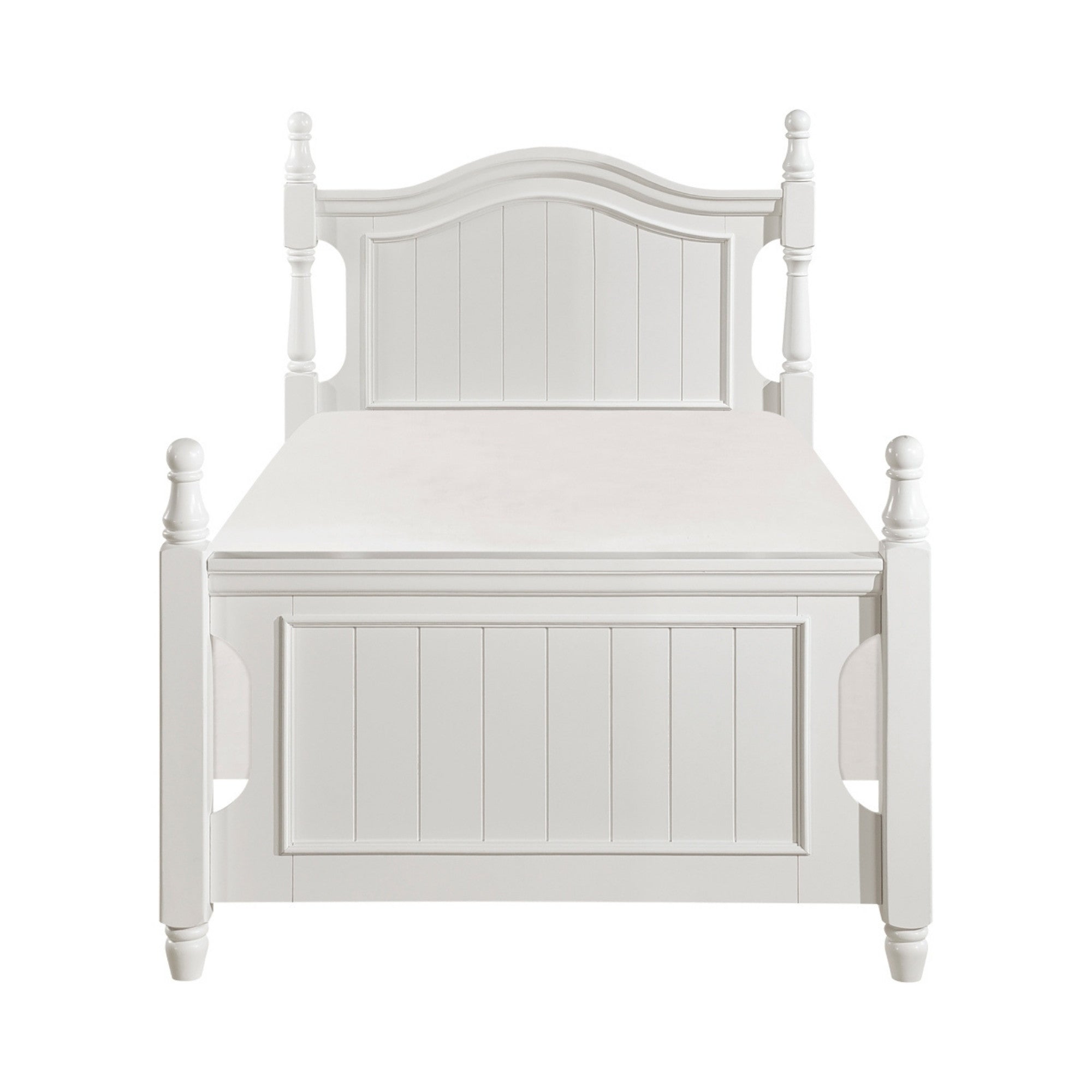 White Clementine Collection bedroom set by MAZ, featuring a bed frame, nightstands, and dresser in a modern design.