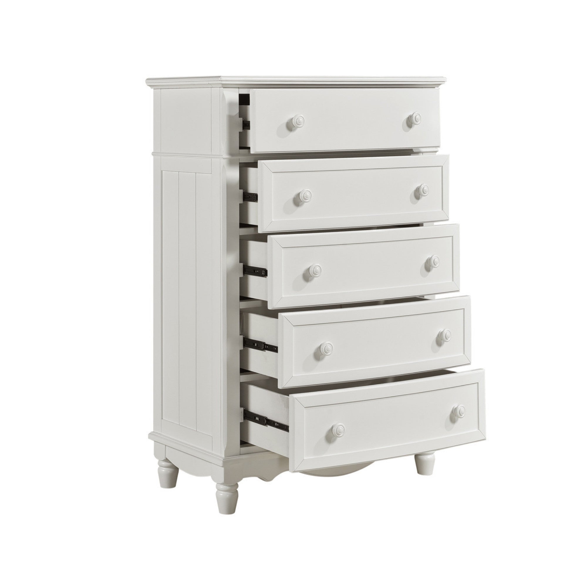 White MAZ Clementine Collection bedroom set with bed, nightstands, and dresser, showcasing a contemporary bedroom furniture design.