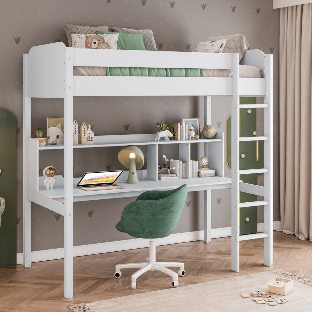 White MAZ Coney Twin Loft Bed with built-in desk, featuring a sturdy bunk bed design with a cozy workspace underneath.