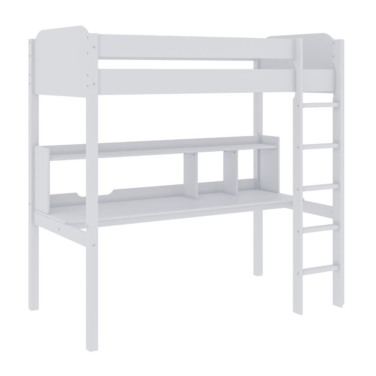 White MAZ Coney Twin Loft Bed with integrated desk, featuring a sturdy bunk bed design and workspace underneath.