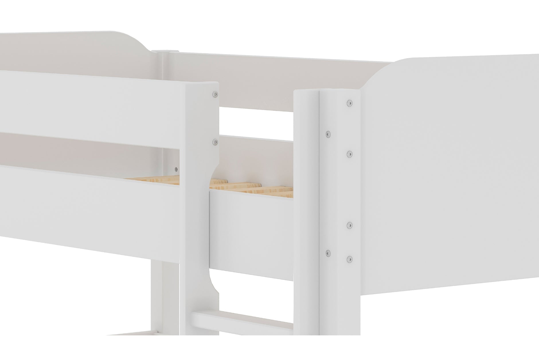 White MAZ Coney Twin Loft Bed with Desk, featuring a sturdy bunk bed design and a built-in workspace for versatile living.