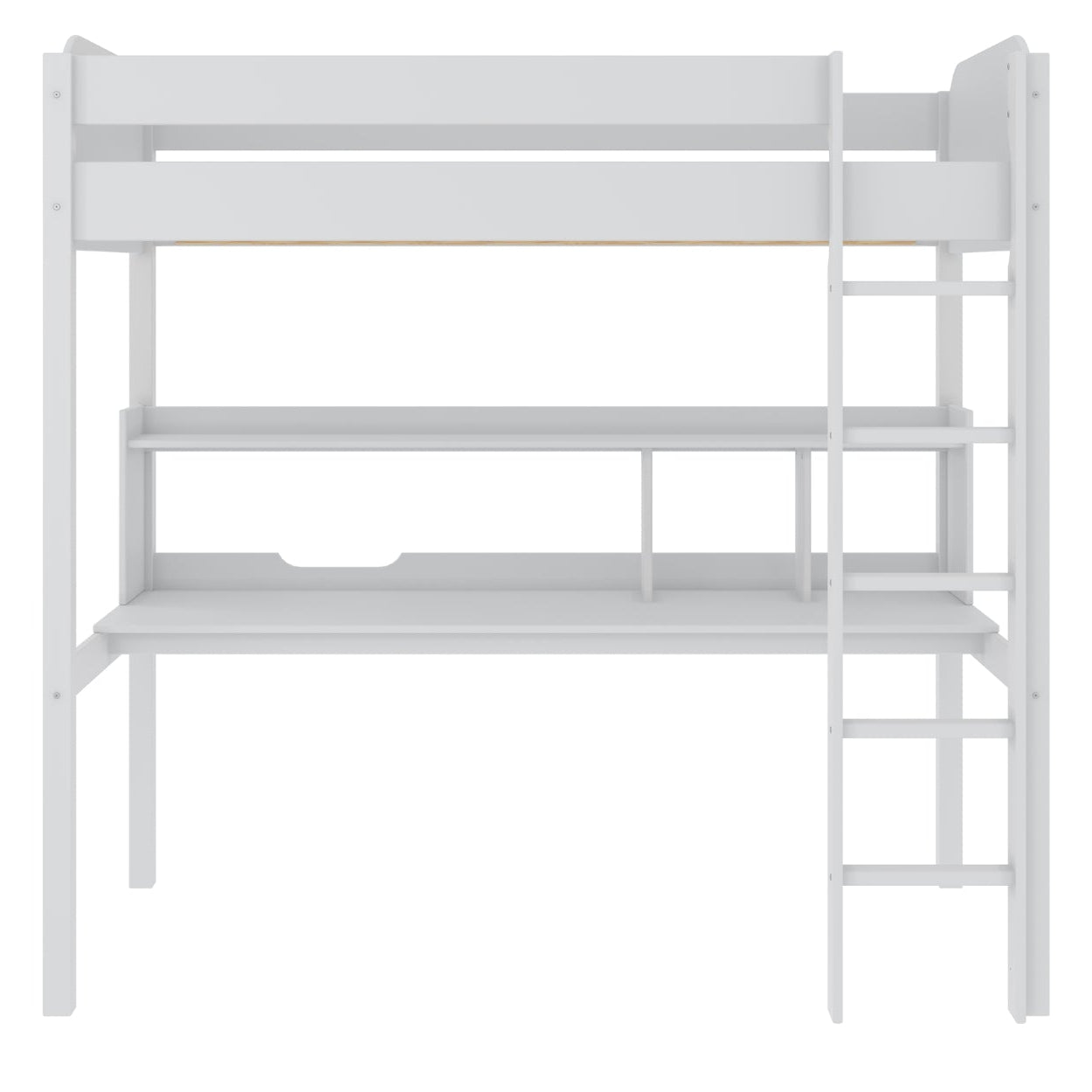 White Coney Twin Loft Bed with desk by MAZ, featuring a sturdy frame and a built-in workspace, shown from the front.