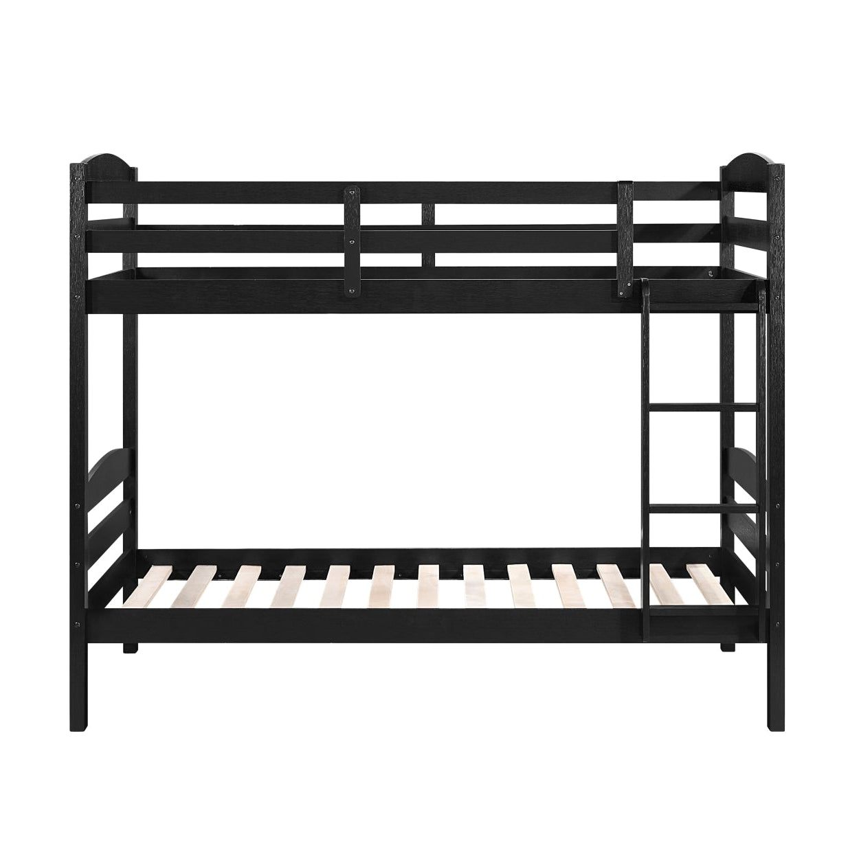 Black MAZ Lani Collection twin/twin bunk bed with sturdy frame and ladder, shown from the front.