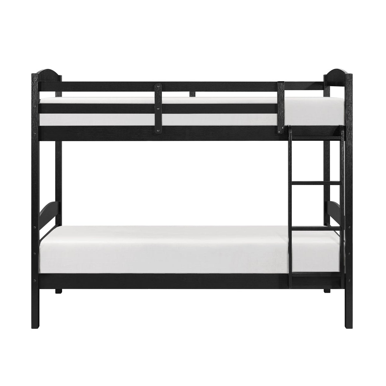 Black MAZ Lani Collection twin/twin bunk bed with sturdy frame and ladder, shown from the front.